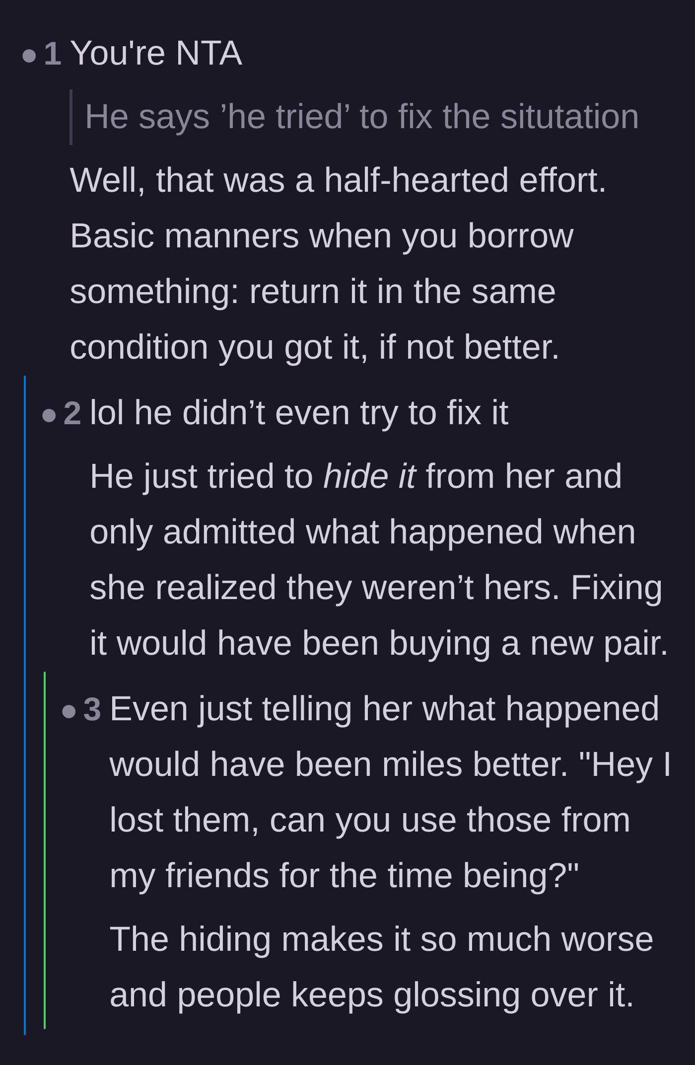 Comment thread 3 - Mocking the boyfriend's claim that he 'tried' to fix the situation.
