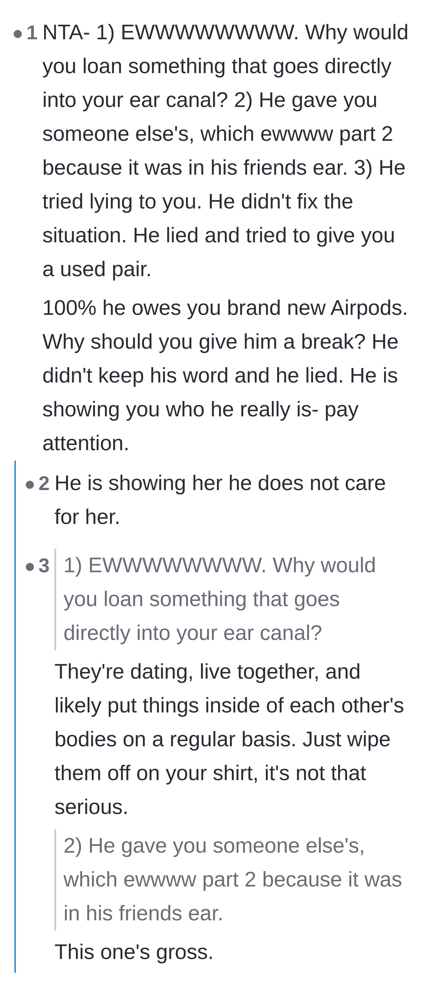 Comment thread 5 - A debate about ear fungi, bacteria, and how the lying shows the boyfriend's true character.