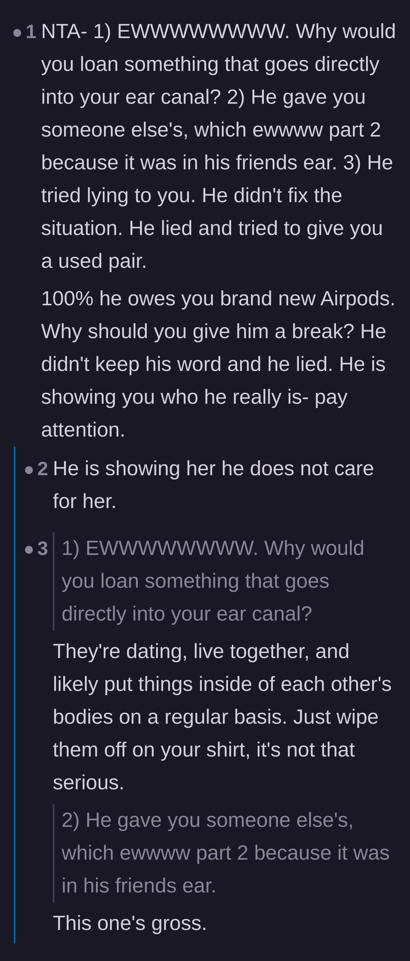 Comment thread 5 - A debate about ear fungi, bacteria, and how the lying shows the boyfriend's true character.