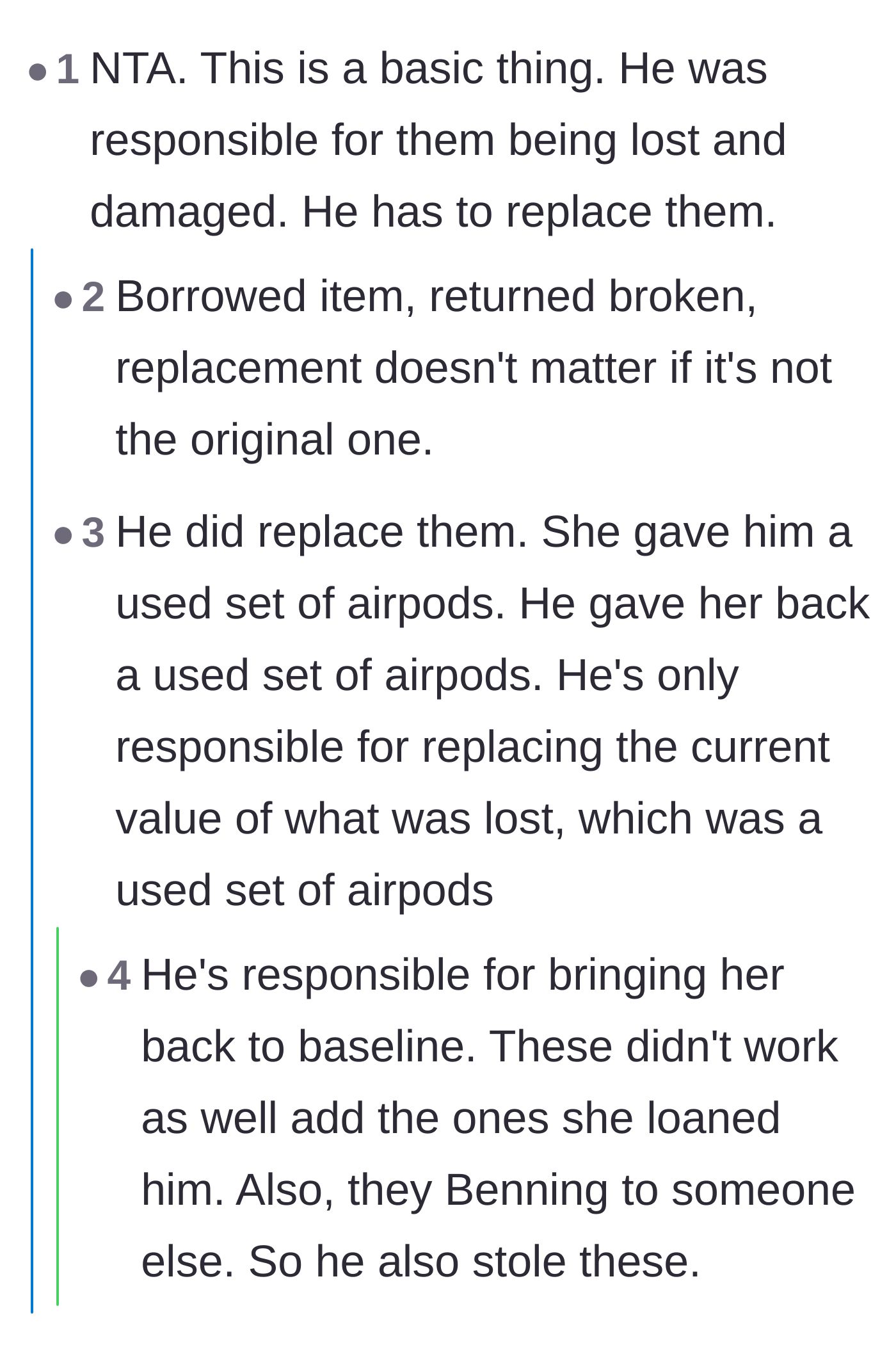 Comment thread 6 - Arguing against the idea that a used, defective replacement is a fair trade for the original item.