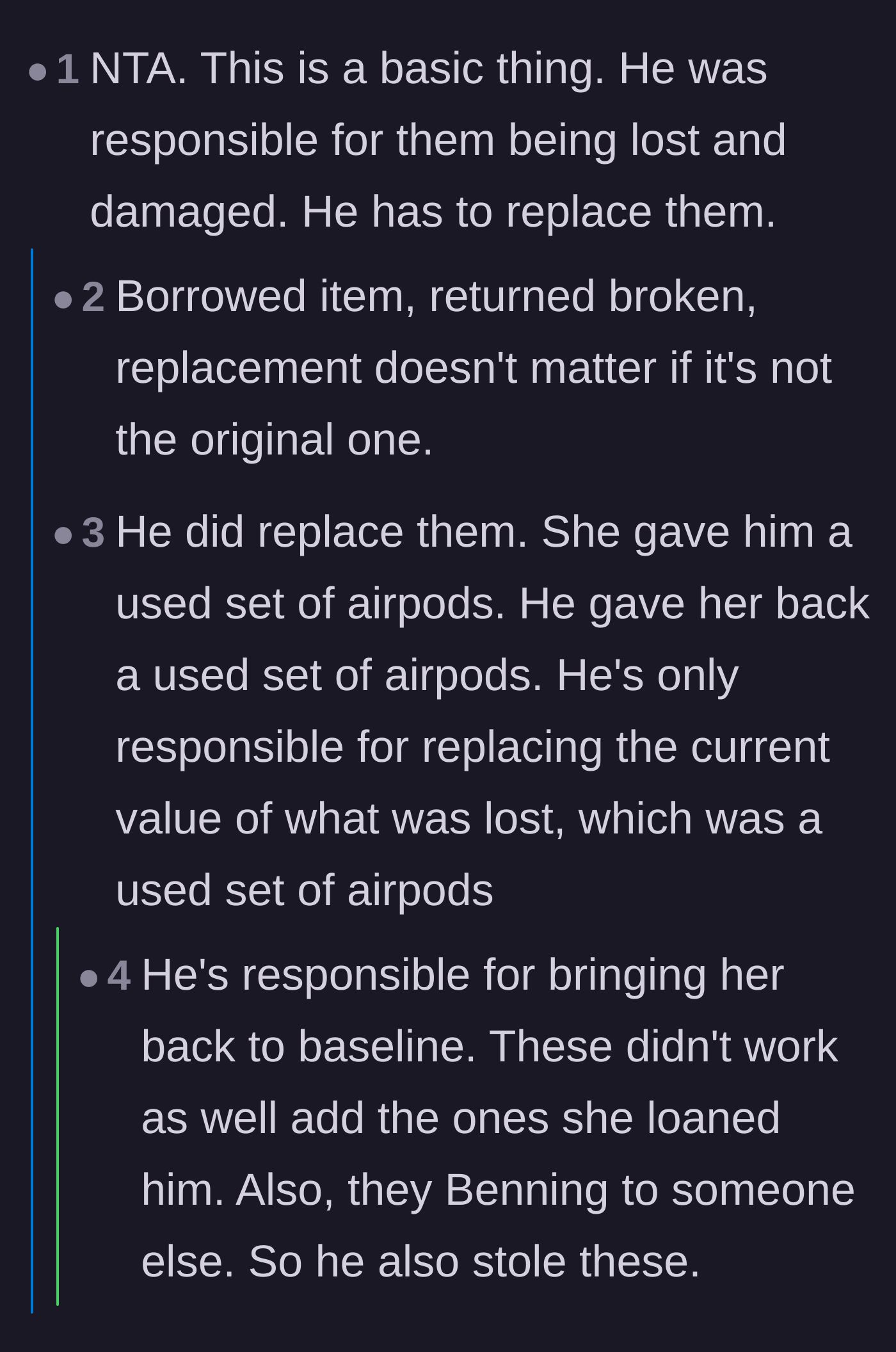 Comment thread 6 - Arguing against the idea that a used, defective replacement is a fair trade for the original item.