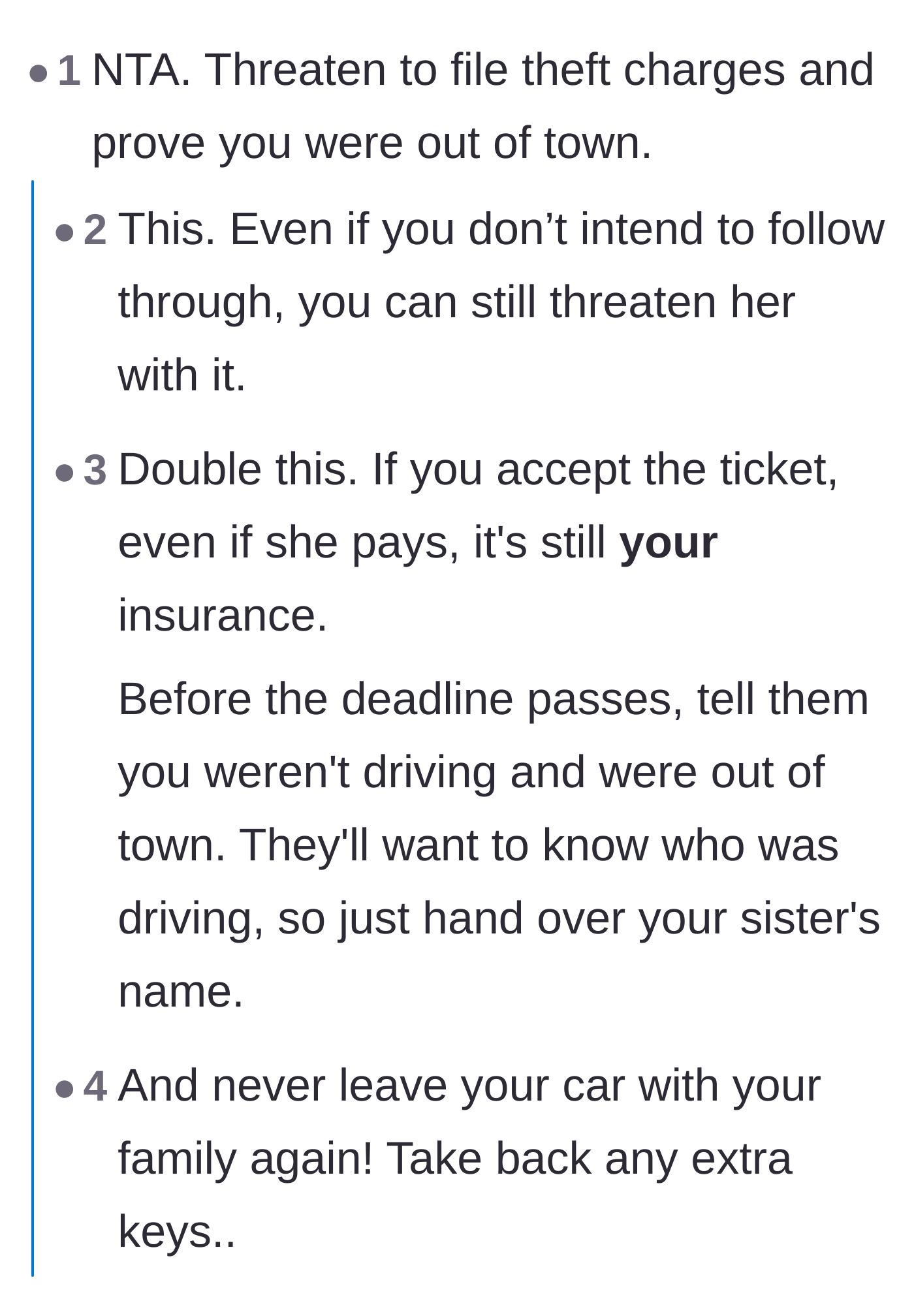 Comment thread 1 - Readers advise threatening the sister with police involvement for auto theft to force her to accept the ticket.