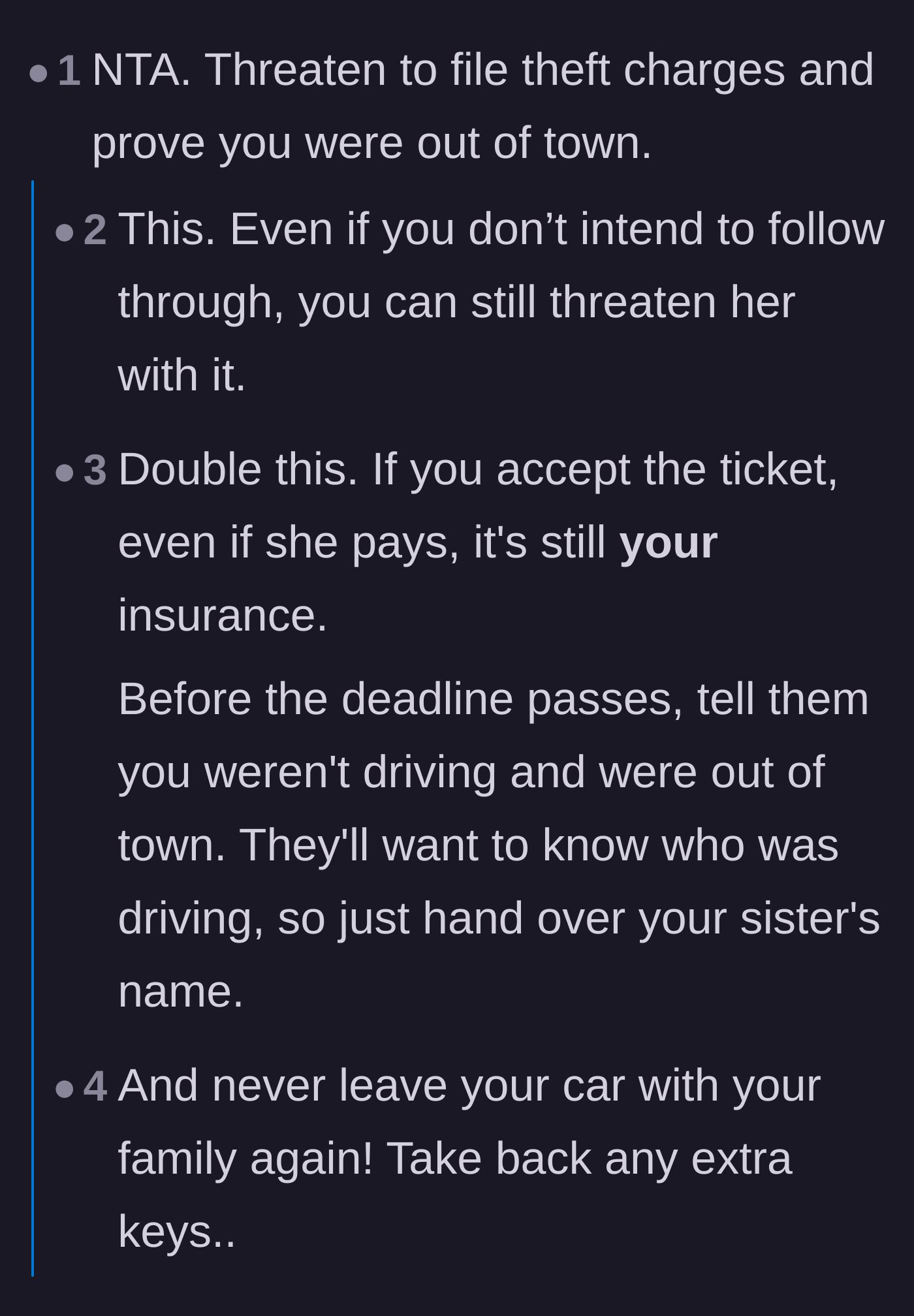 Comment thread 1 - Readers advise threatening the sister with police involvement for auto theft to force her to accept the ticket.