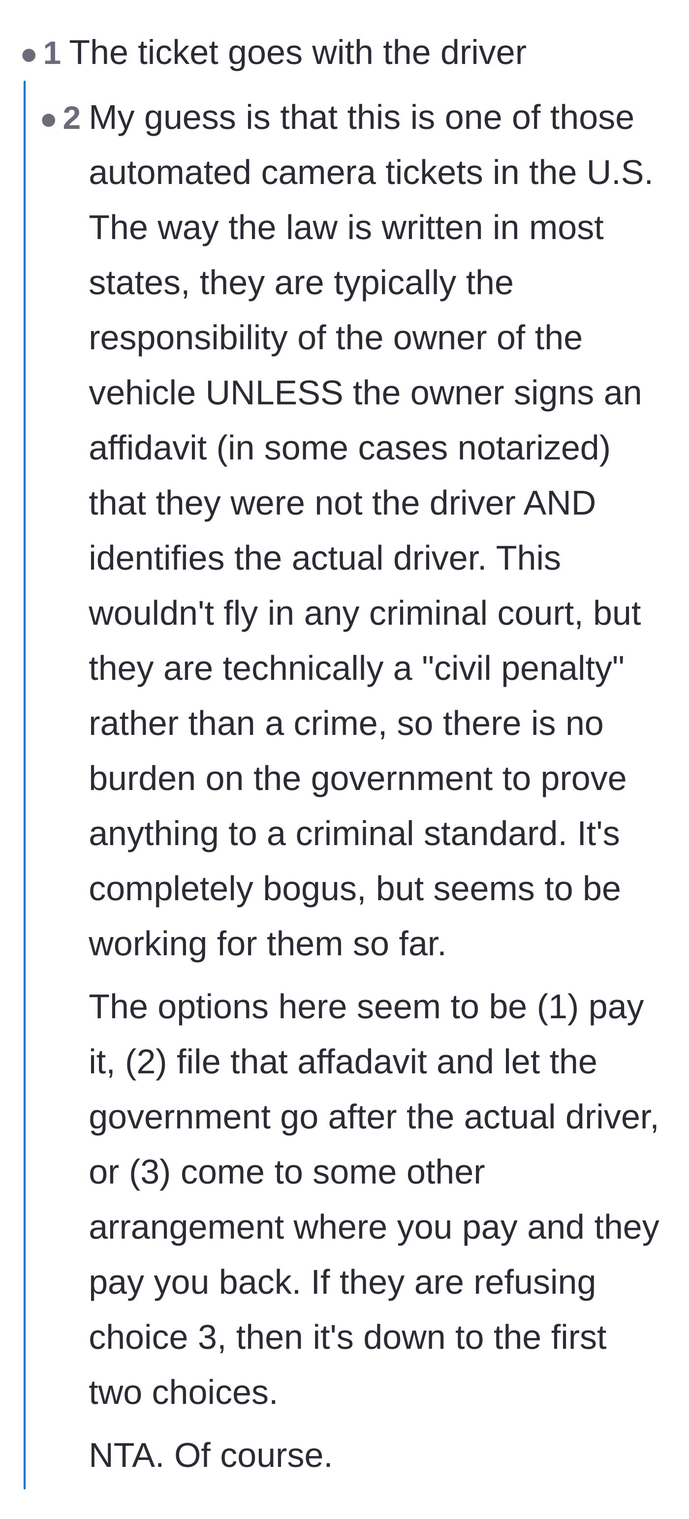 Comment thread 3 - Users break down the legal mechanics of automated traffic camera tickets and how to officially transfer the penalty to the actual driver.