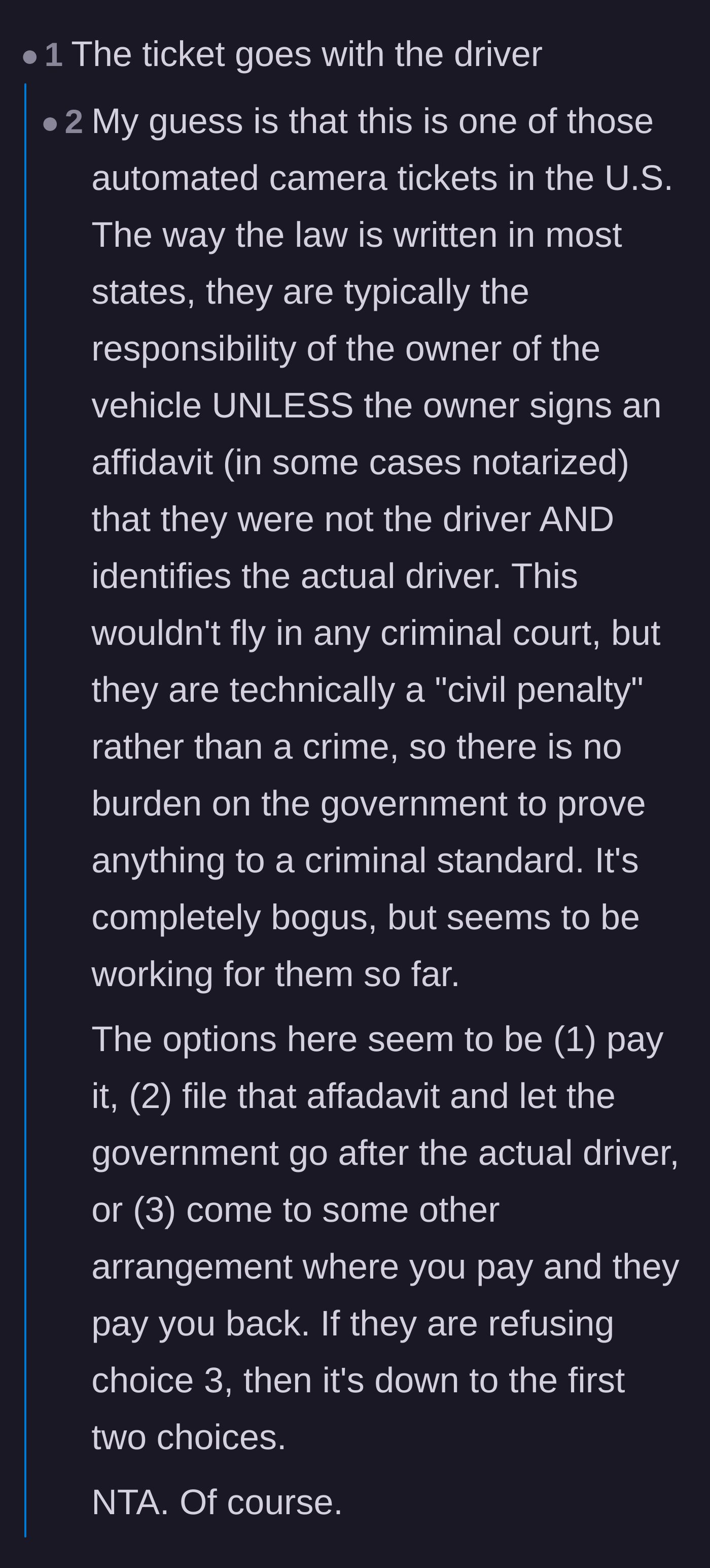 Comment thread 3 - Users break down the legal mechanics of automated traffic camera tickets and how to officially transfer the penalty to the actual driver.