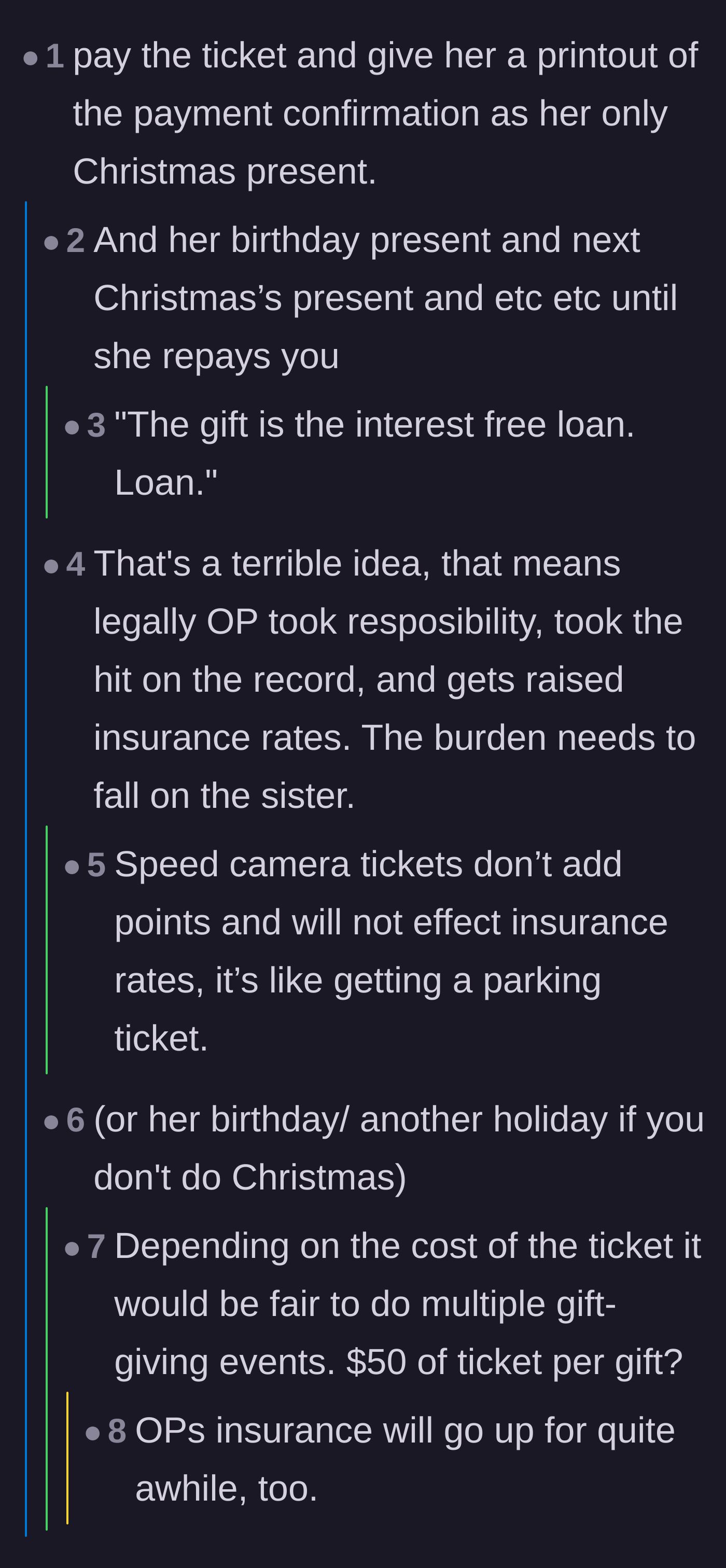 Comment thread 4 - A petty suggestion to pay the fine but give the sister the payment receipt as her Christmas and birthday presents until the debt is cleared.