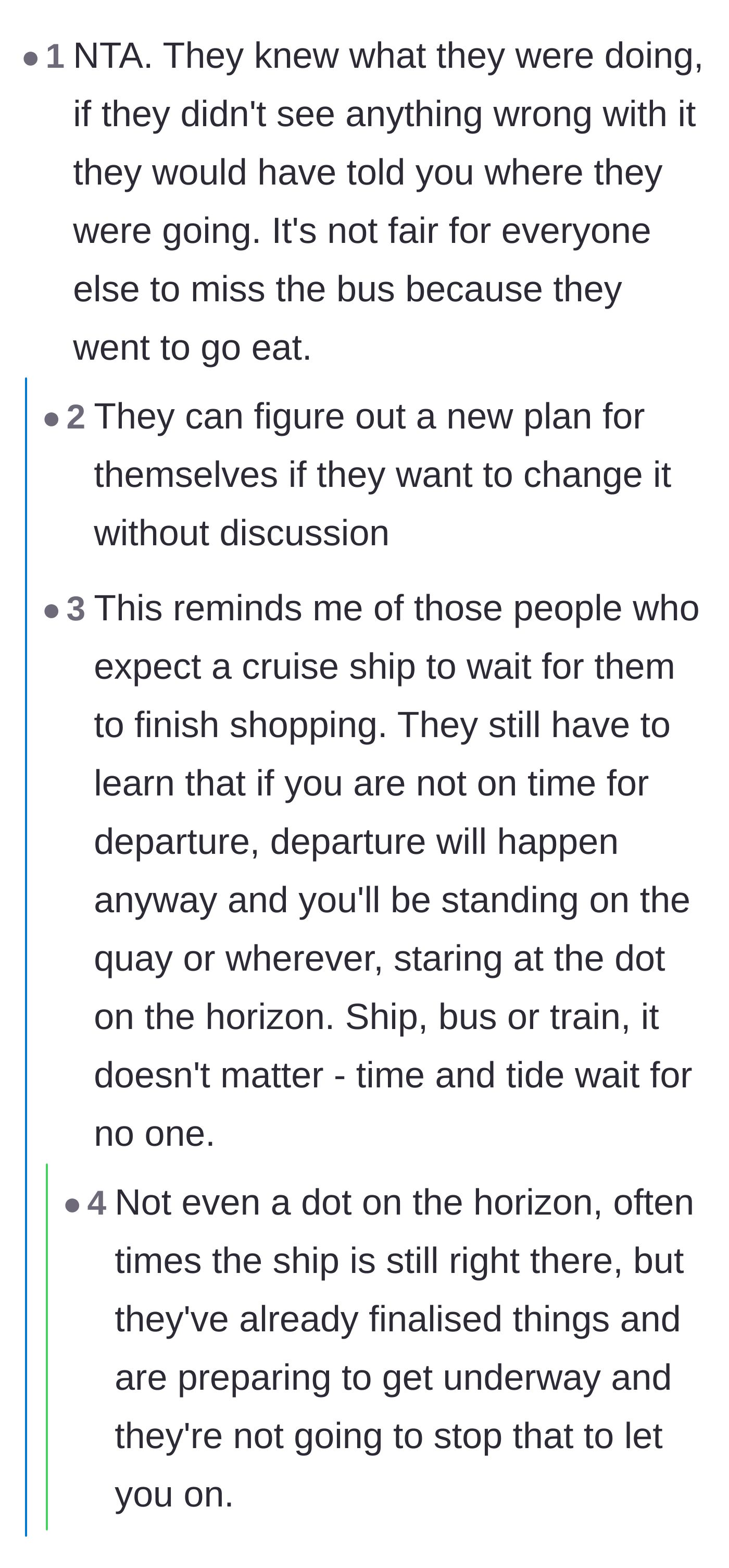 Comment thread 1 - A discussion comparing the friends to cruise ship passengers who get left behind at port.