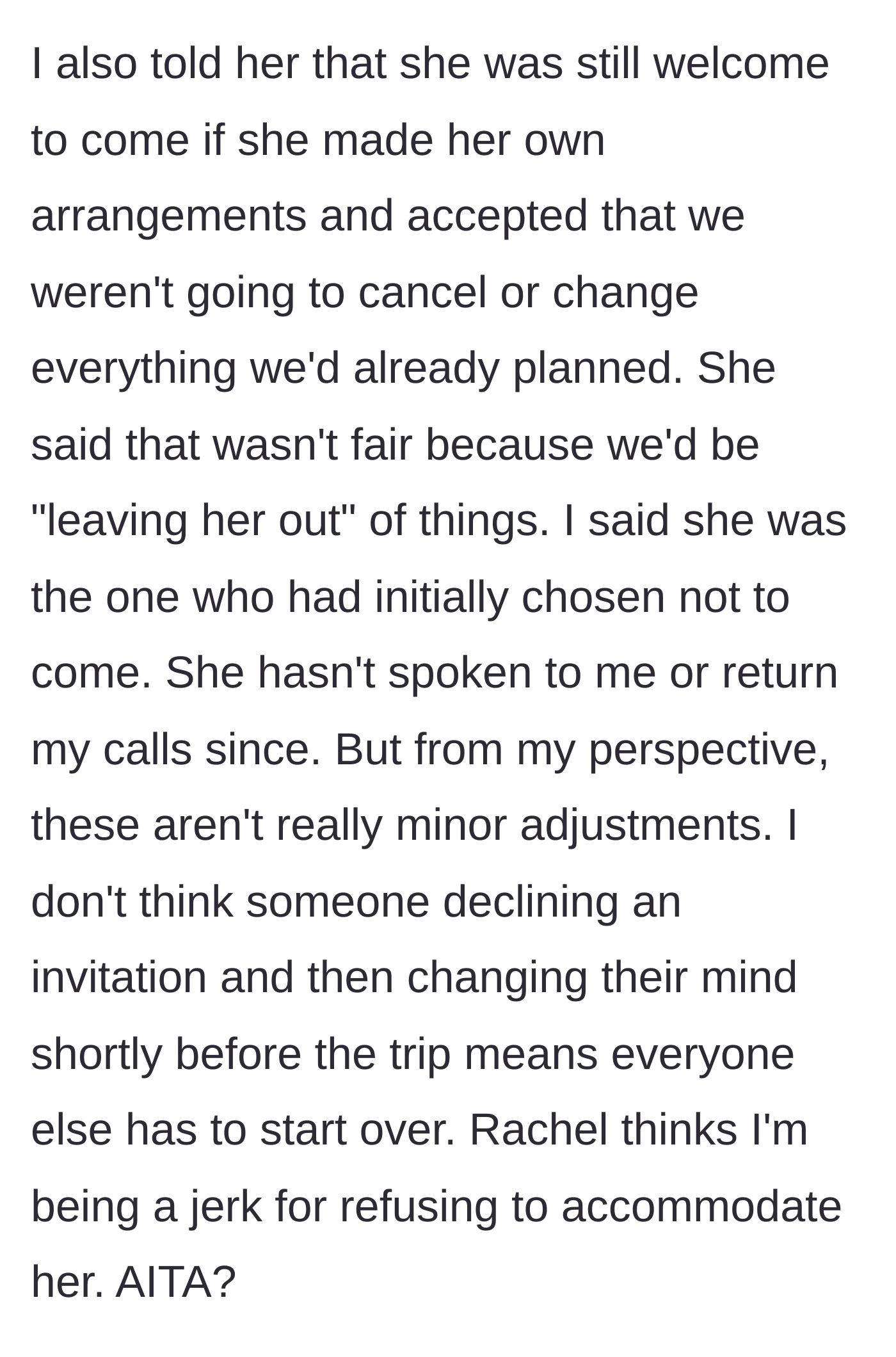 Story part 5 - Rachel plays the victim, complains about being left out, and resorts to giving the main character the silent treatment.