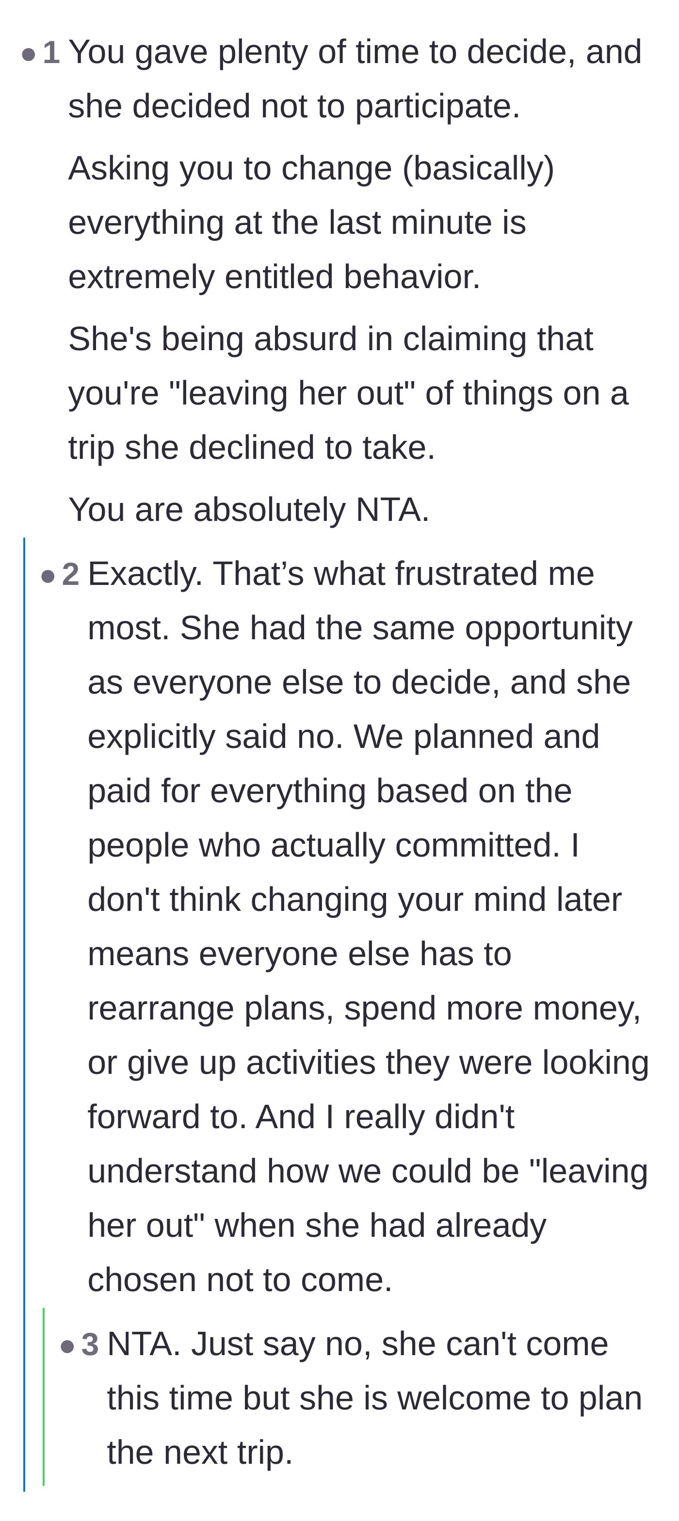 Comment thread 2 - A breakdown of the latecomer's flawed logic and suggestions for strict group trip agreements moving forward.