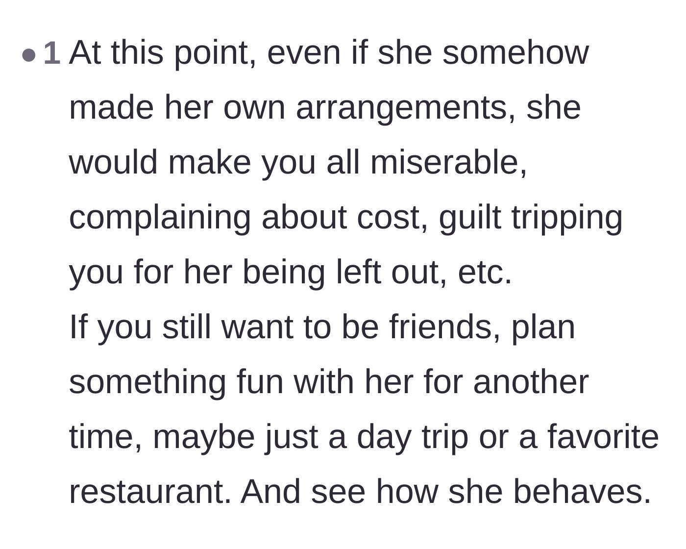 Comment thread 4 - A warning that letting the latecomer attend under any circumstances would result in endless complaining and guilt-tripping.