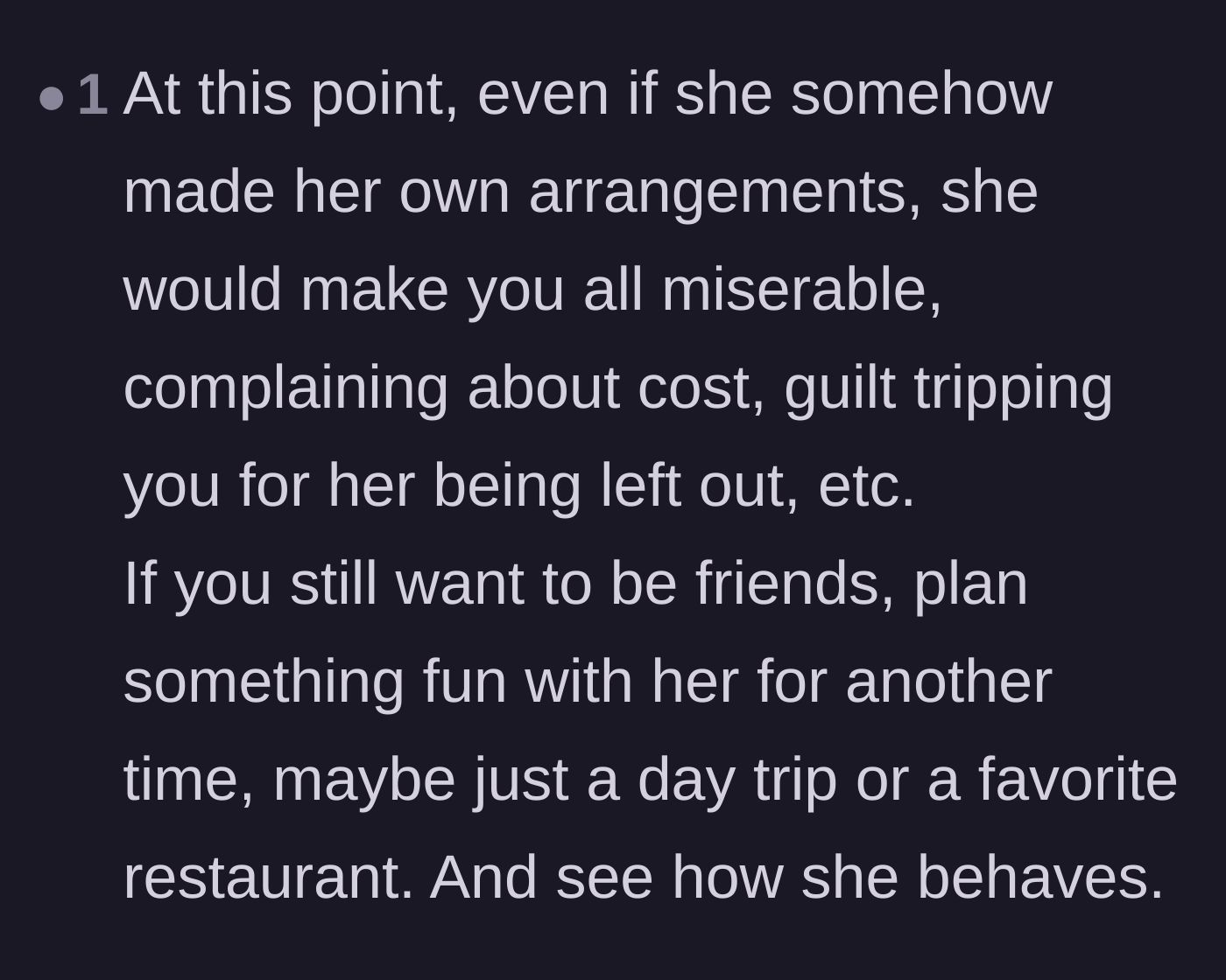 Comment thread 4 - A warning that letting the latecomer attend under any circumstances would result in endless complaining and guilt-tripping.