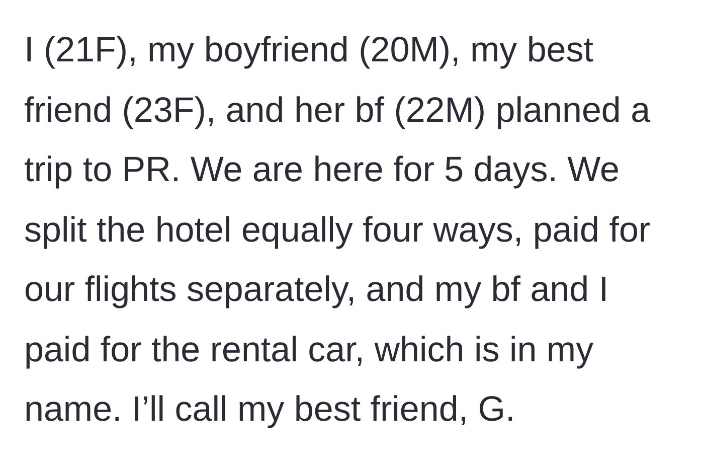 Story part 1 - Introduction to the couples' trip to Puerto Rico and the financial split.