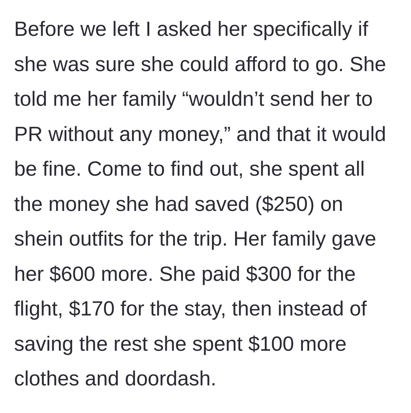 Story part 3 - The reveal of how the friend squandered her vacation funds on fast fashion and takeout.