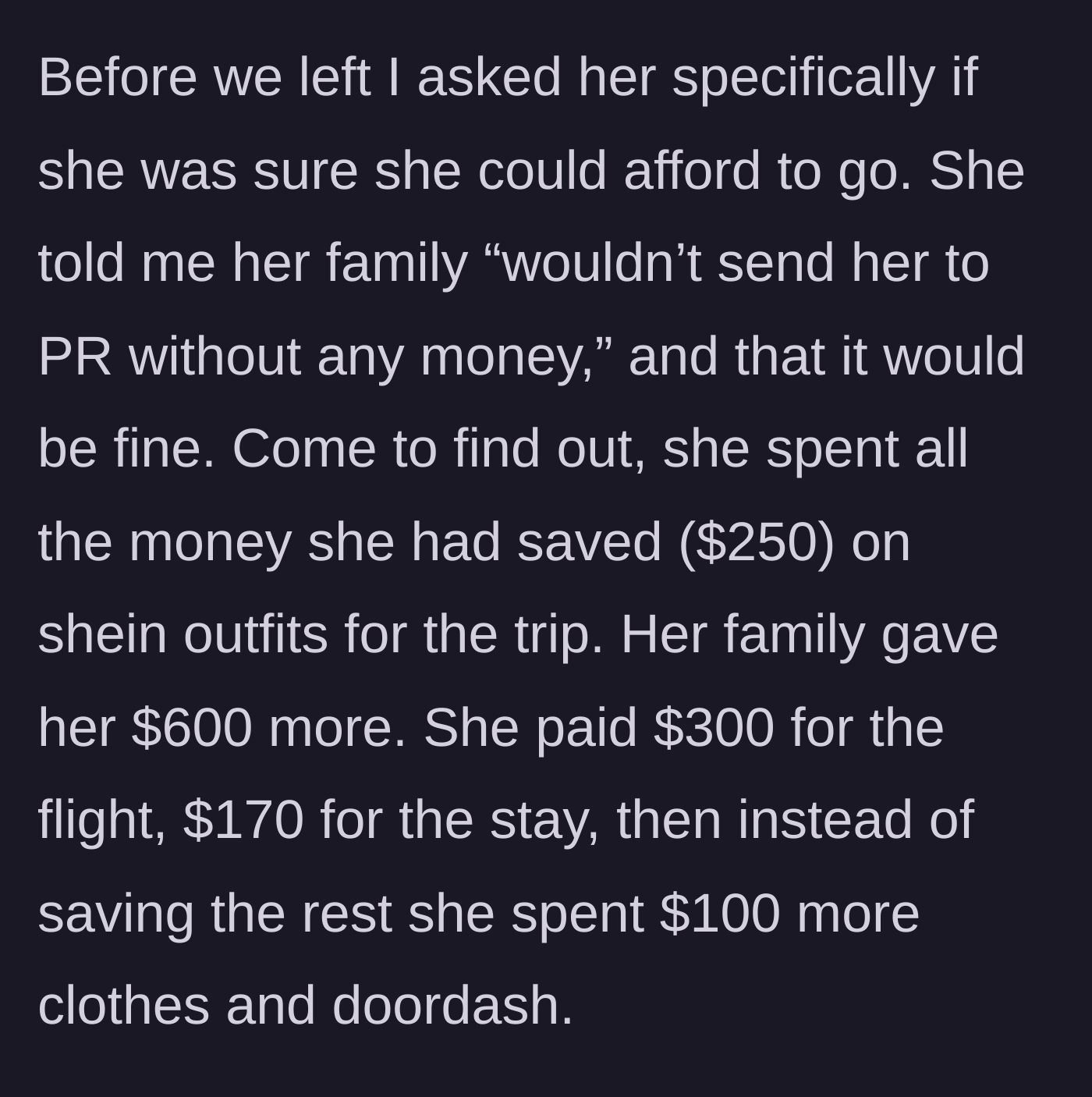 Story part 3 - The reveal of how the friend squandered her vacation funds on fast fashion and takeout.