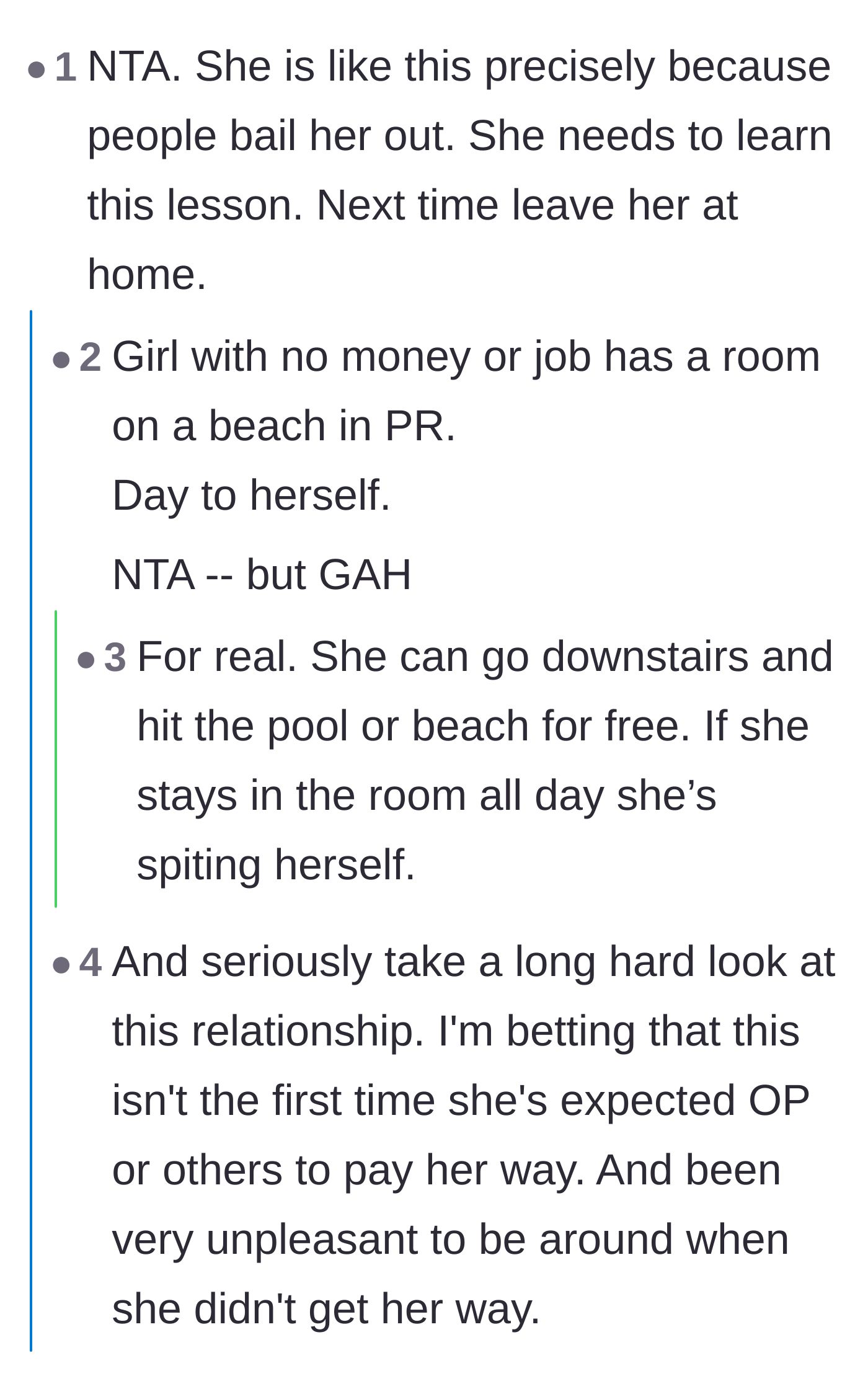 Comment thread 1 - Discussing how the friend's behavior is a result of being constantly bailed out and her missed opportunity to enjoy the free beach.