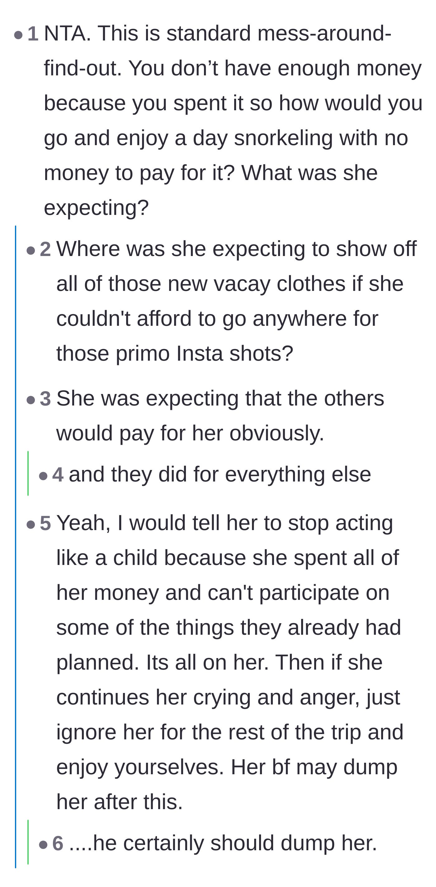 Comment thread 2 - Debating what the friend's true expectations were when she intentionally spent all her money on clothes instead of activities.