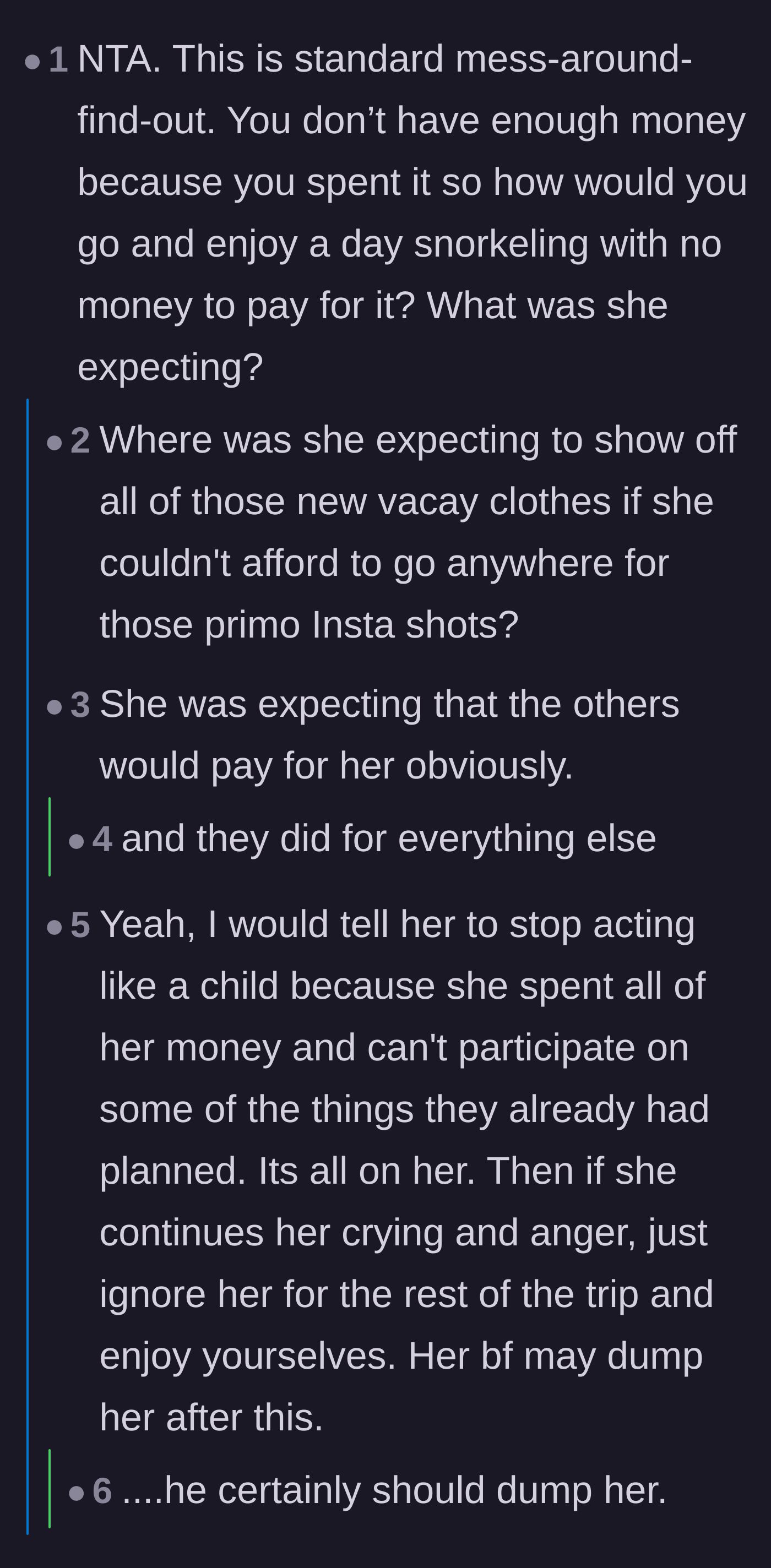 Comment thread 2 - Debating what the friend's true expectations were when she intentionally spent all her money on clothes instead of activities.