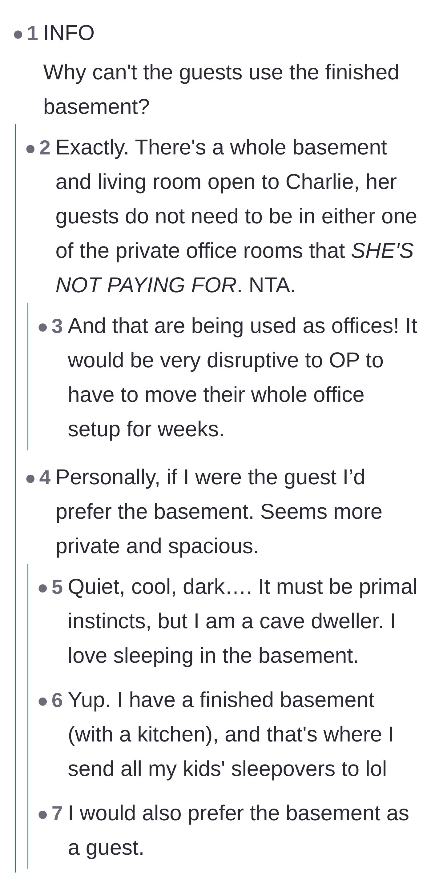 Comment thread 2 - Questioning why the finished basement isn't being used and arguing that basements actually make great guest spaces
