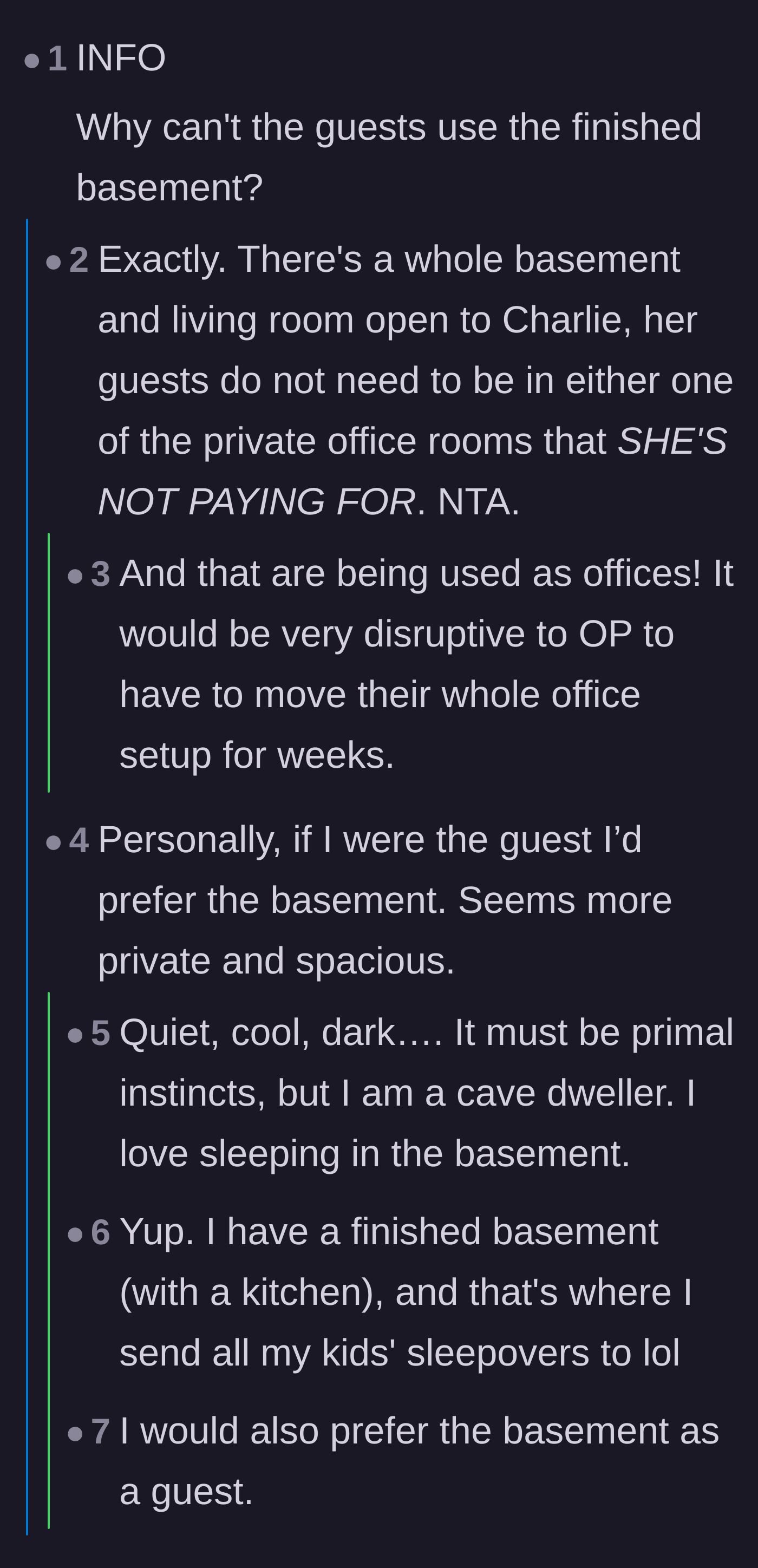 Comment thread 2 - Questioning why the finished basement isn't being used and arguing that basements actually make great guest spaces