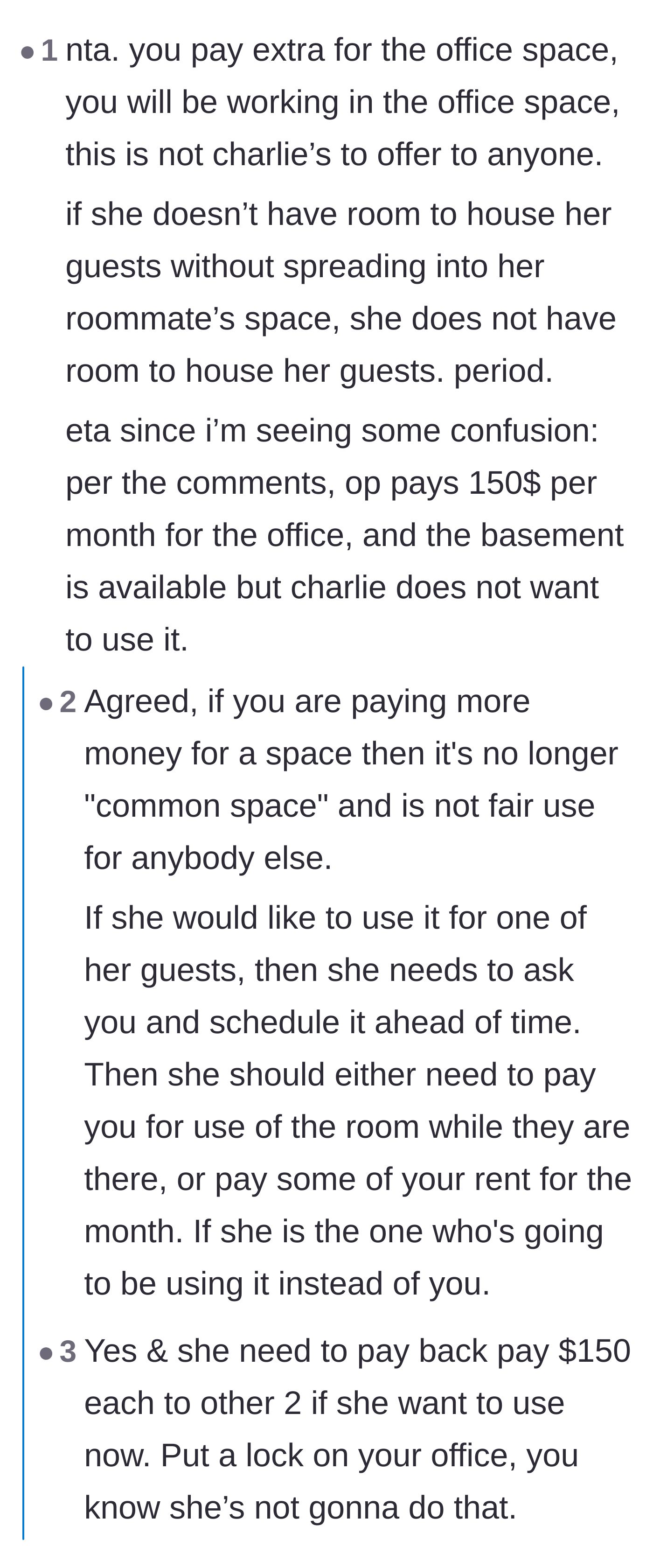 Comment thread 3 - Arguing that Charlie shouldn't host if she lacks the space and should reimburse the extra rent if she wants the room