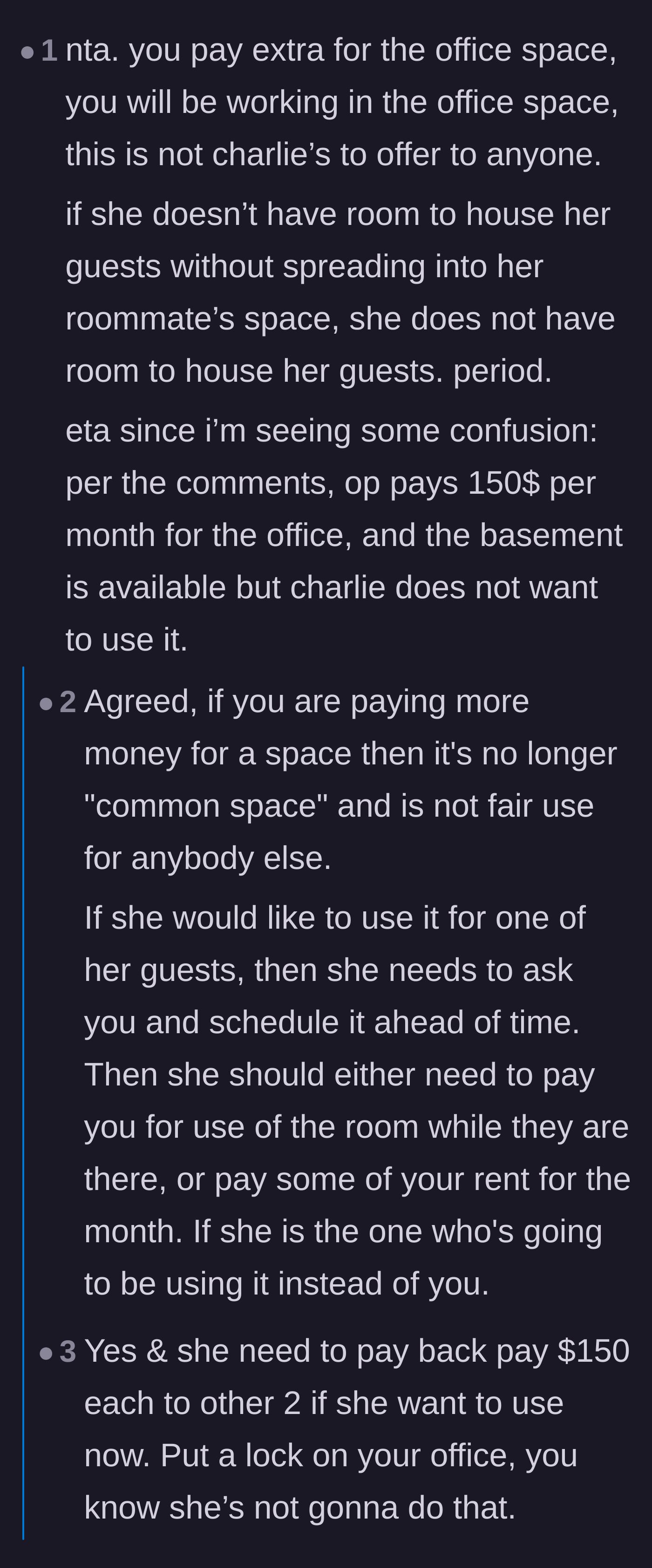 Comment thread 3 - Arguing that Charlie shouldn't host if she lacks the space and should reimburse the extra rent if she wants the room