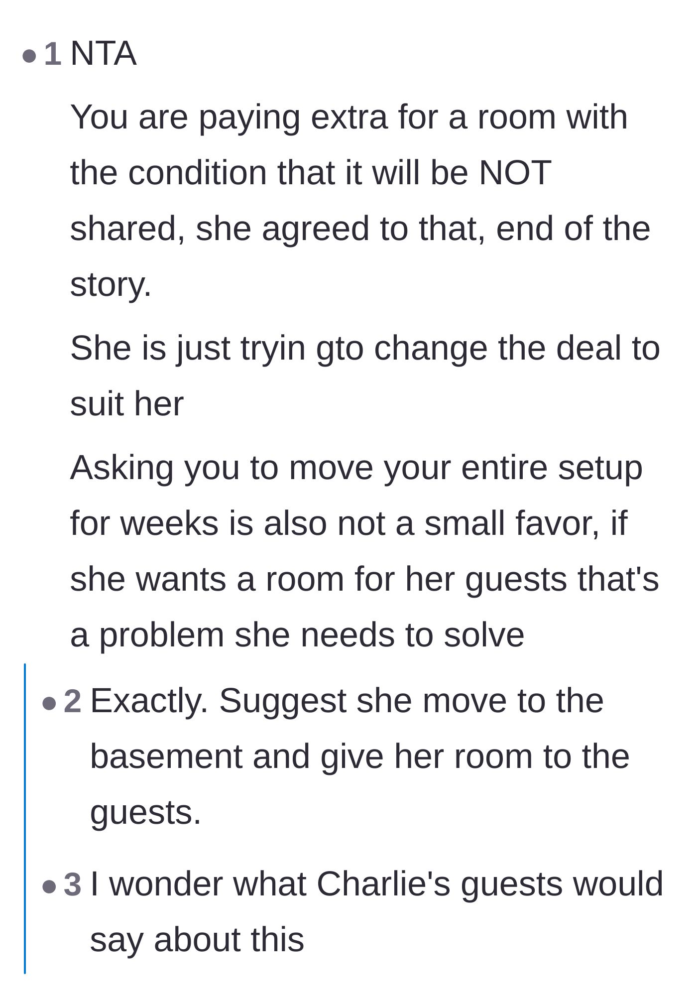Comment thread 4 - Calling out Charlie for trying to rewrite their agreement and noting how disruptive it is to move a work setup