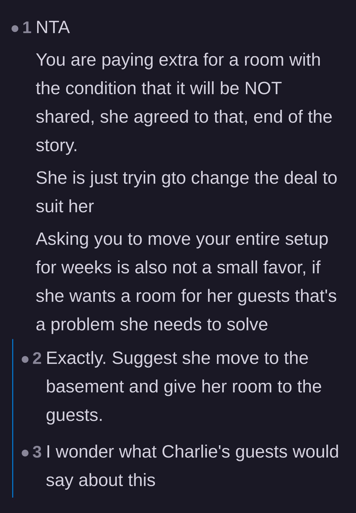 Comment thread 4 - Calling out Charlie for trying to rewrite their agreement and noting how disruptive it is to move a work setup