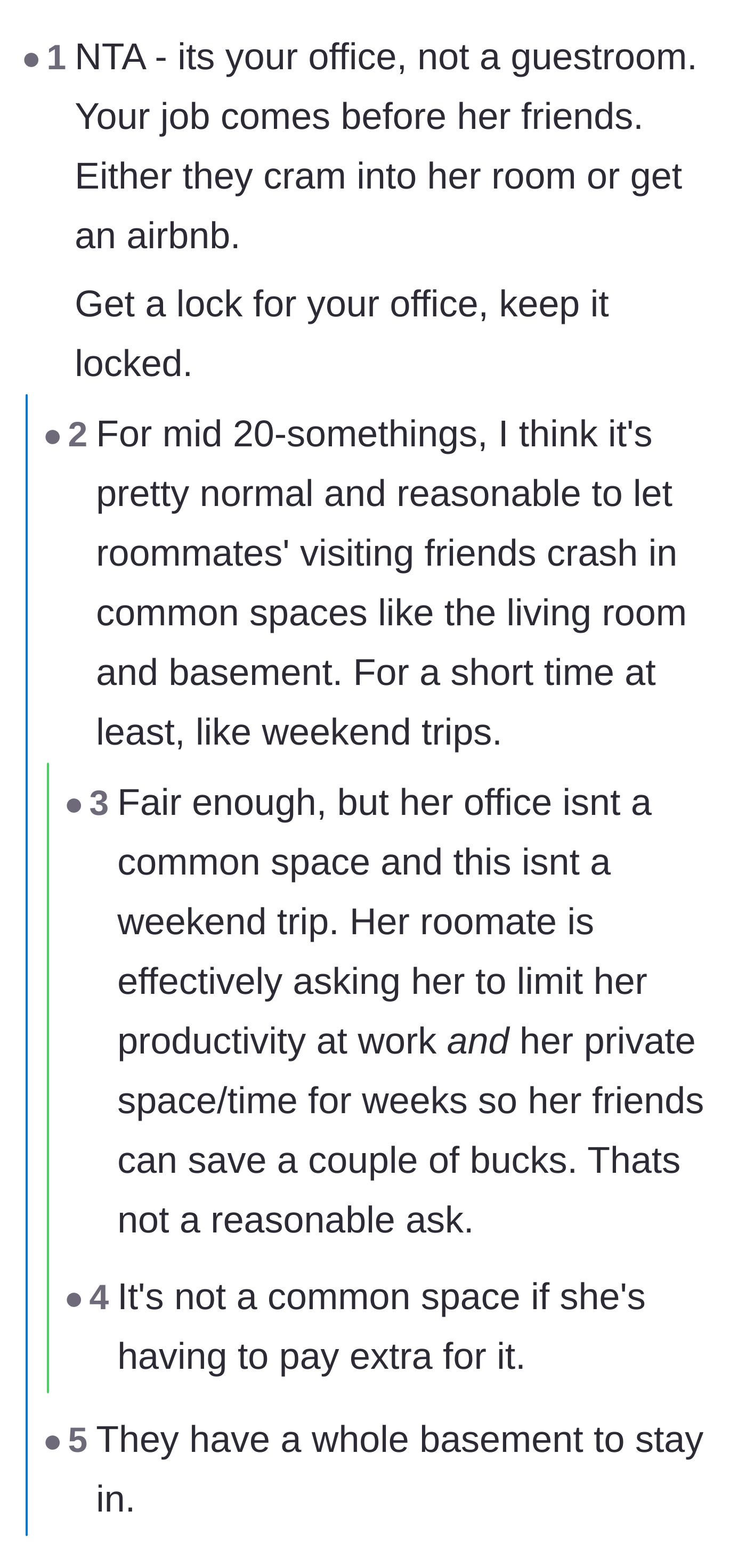 Comment thread 5 - Debating normal roommate guest etiquette versus demanding access to a private workspace for multiple weeks