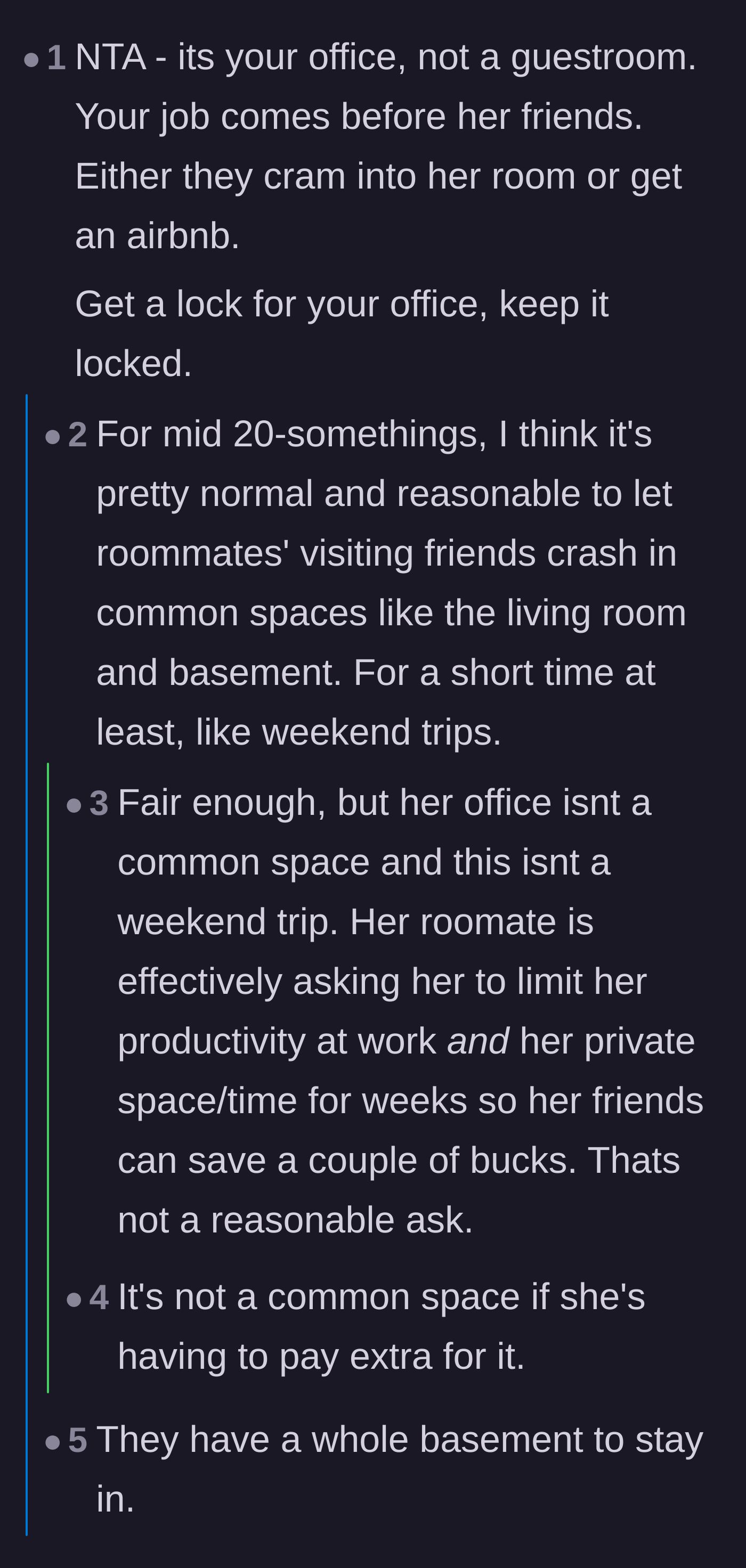 Comment thread 5 - Debating normal roommate guest etiquette versus demanding access to a private workspace for multiple weeks