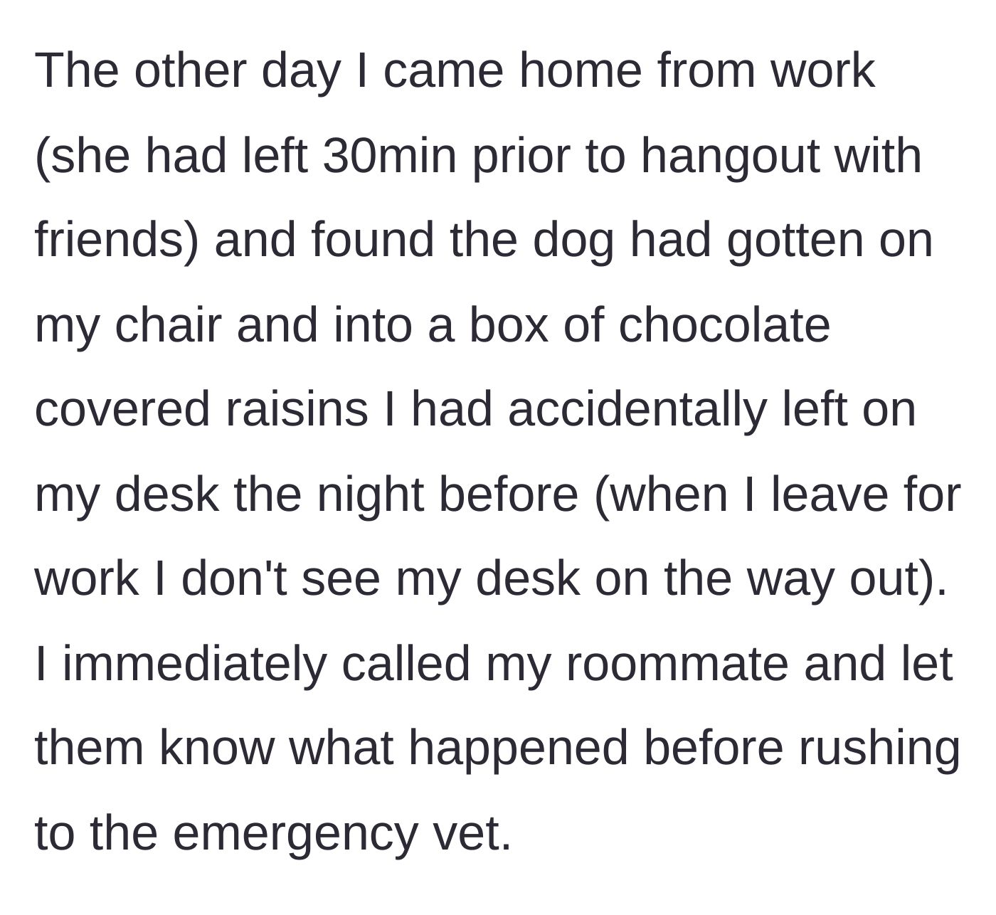 Story part 2 - The woman comes home to find the dog ate chocolate-covered raisins off her desk and immediately rushes the dog to the emergency vet.