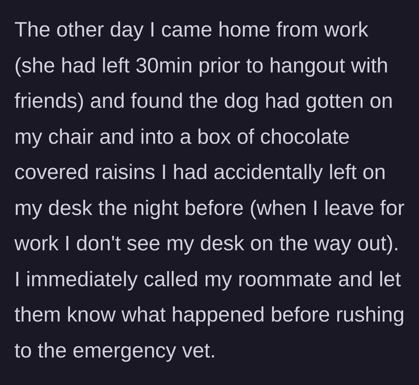 Story part 2 - The woman comes home to find the dog ate chocolate-covered raisins off her desk and immediately rushes the dog to the emergency vet.
