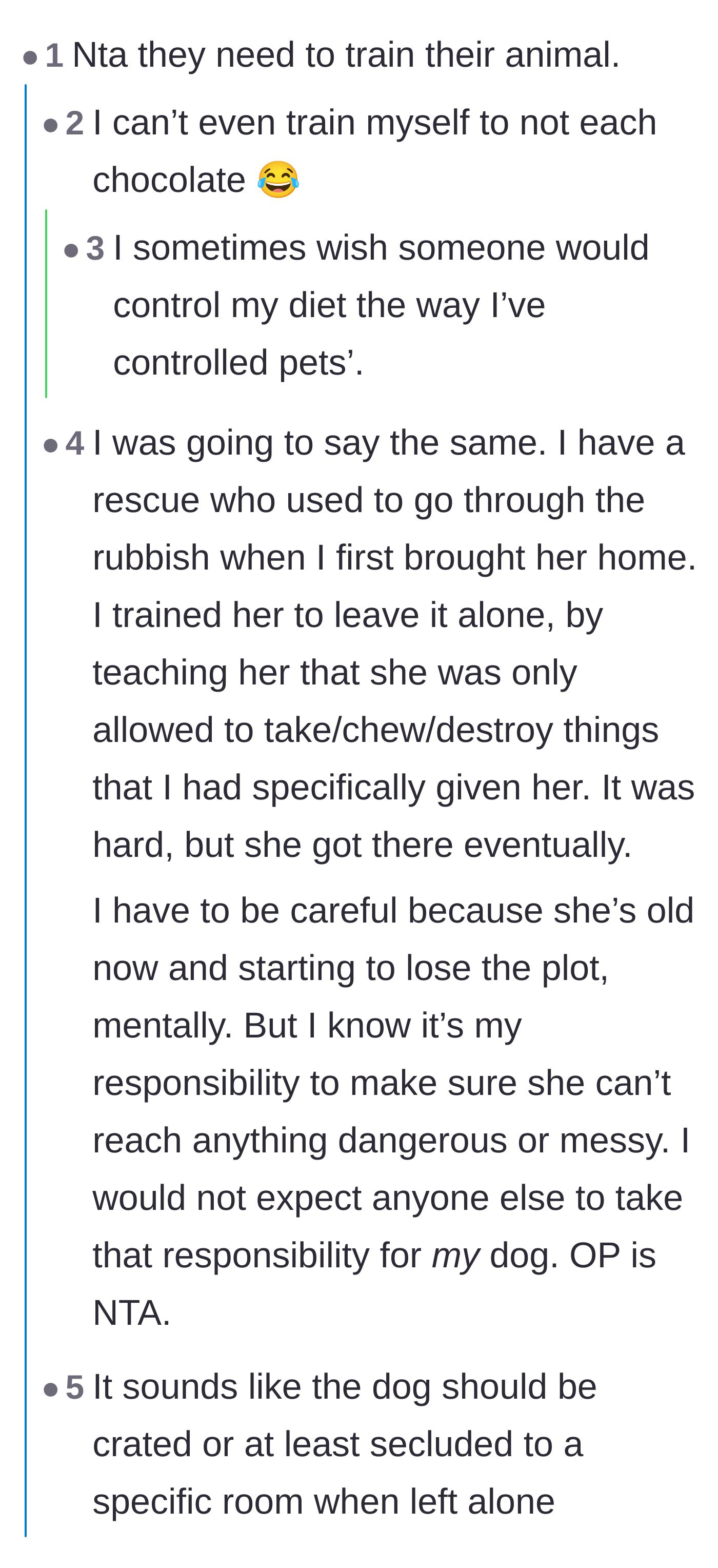 Comment thread 1 - Discussing the responsibility of training and crating pets, plus jokes about human willpower around chocolate