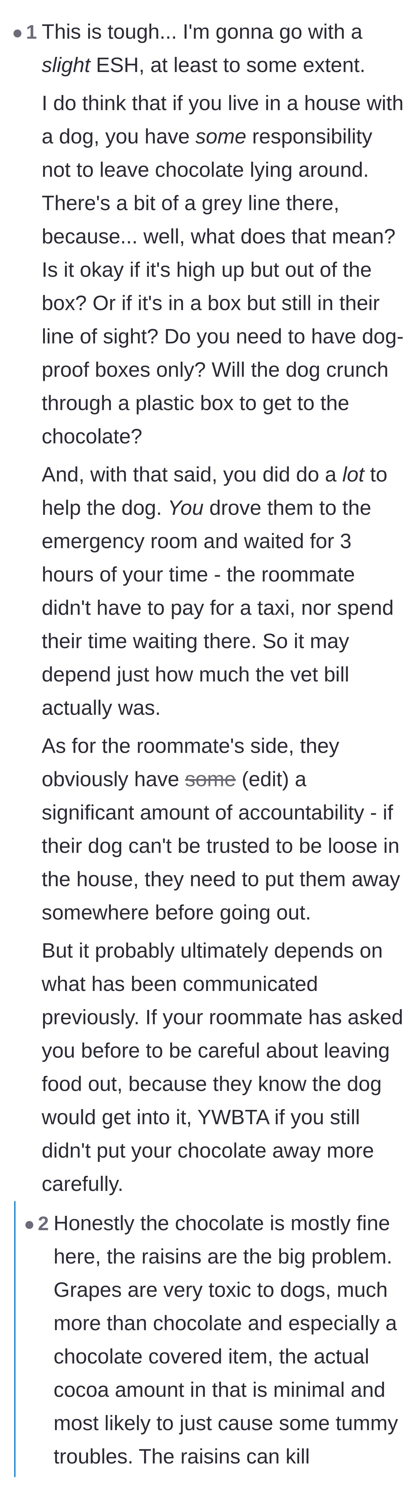 Comment thread 2 - Debating shared household boundaries and pointing out that raisins are more toxic to dogs than chocolate