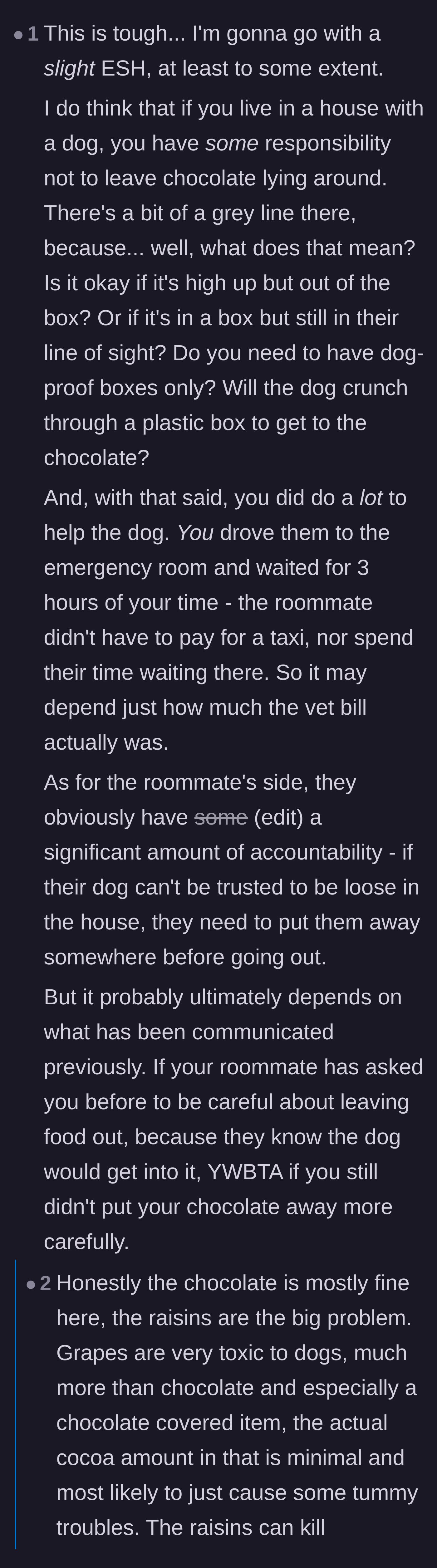 Comment thread 2 - Debating shared household boundaries and pointing out that raisins are more toxic to dogs than chocolate