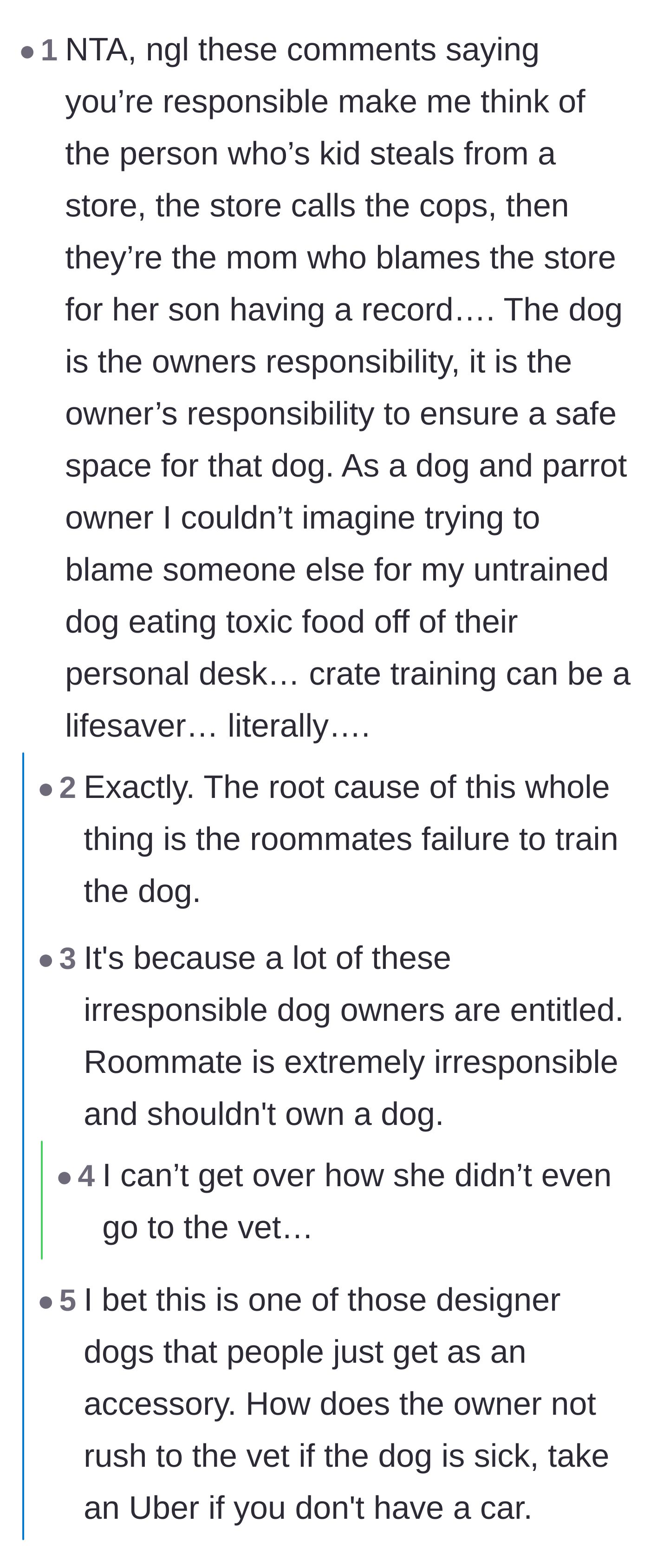 Comment thread 4 - Comparing the roommate to an entitled parent and questioning why she didn't go to the emergency vet