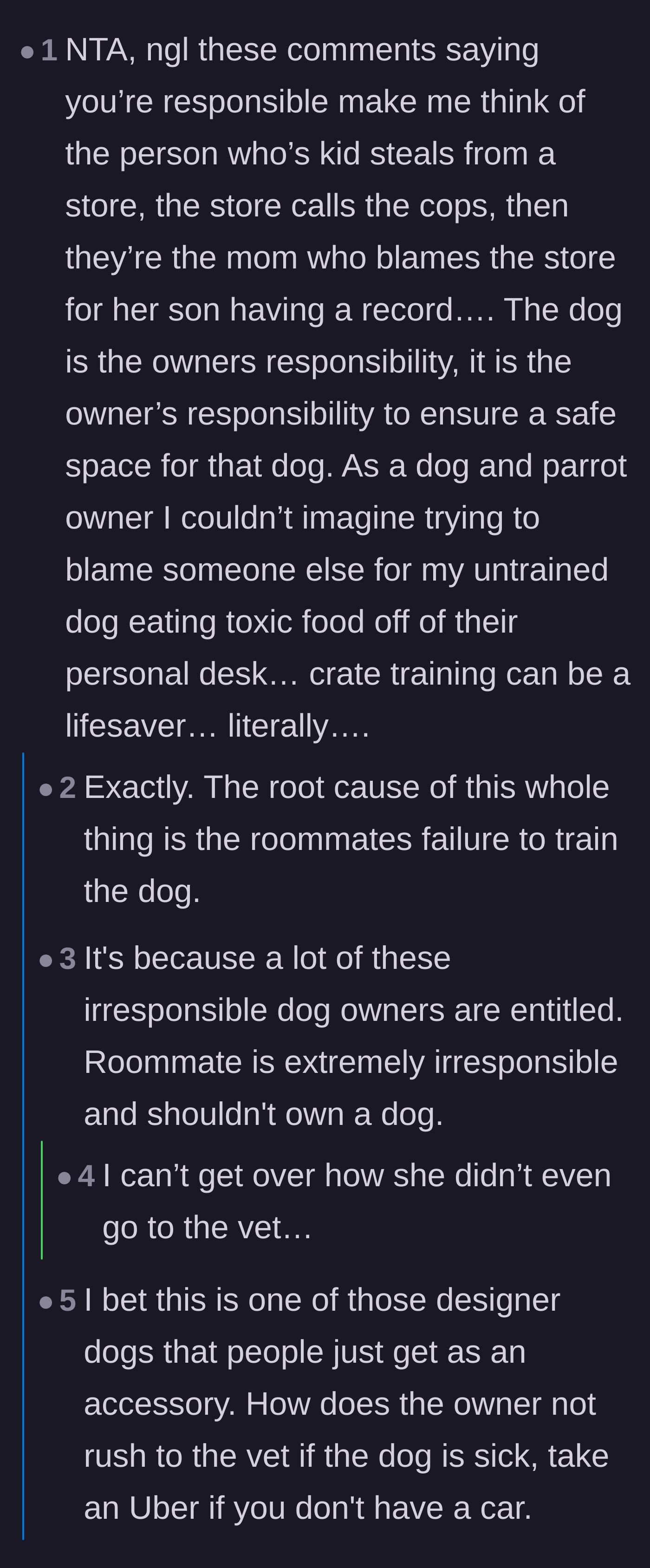 Comment thread 4 - Comparing the roommate to an entitled parent and questioning why she didn't go to the emergency vet