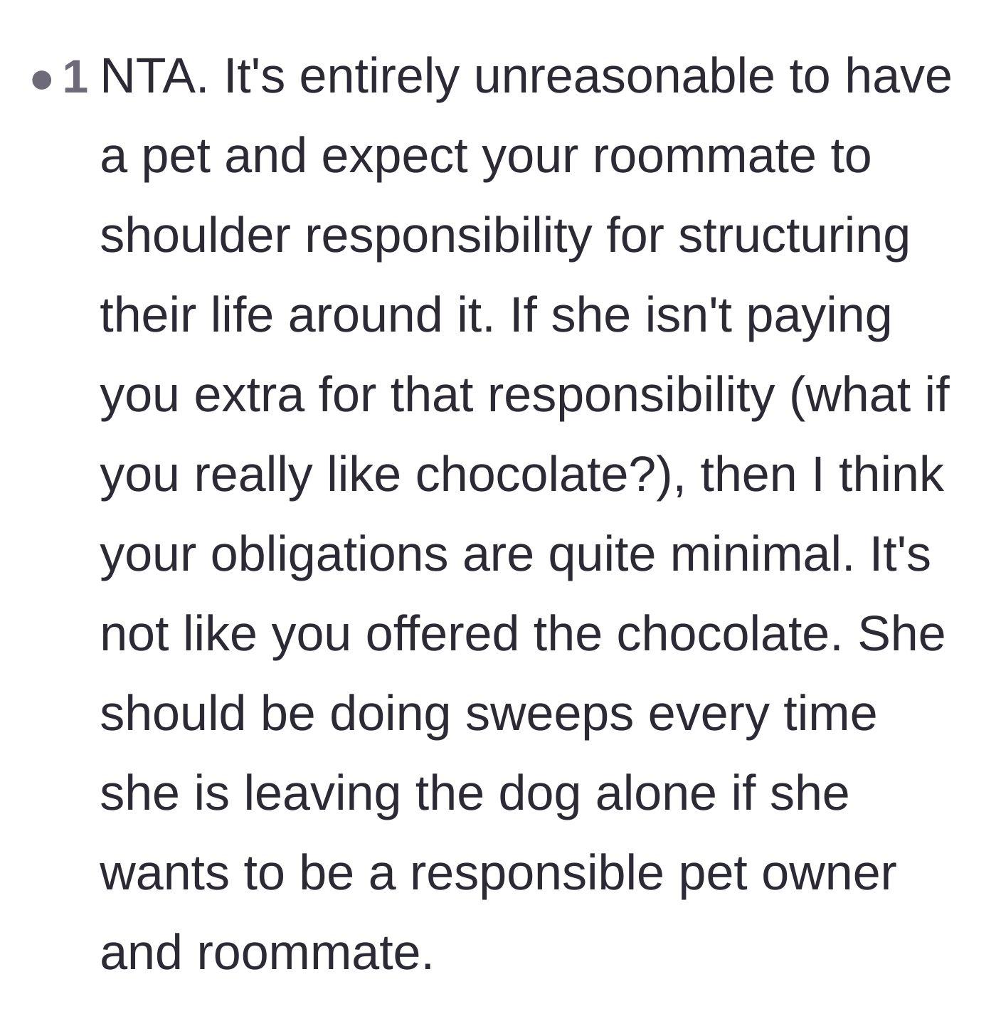 Comment thread 5 - Arguing that roommates shouldn't have to restructure their lives around someone else's pet