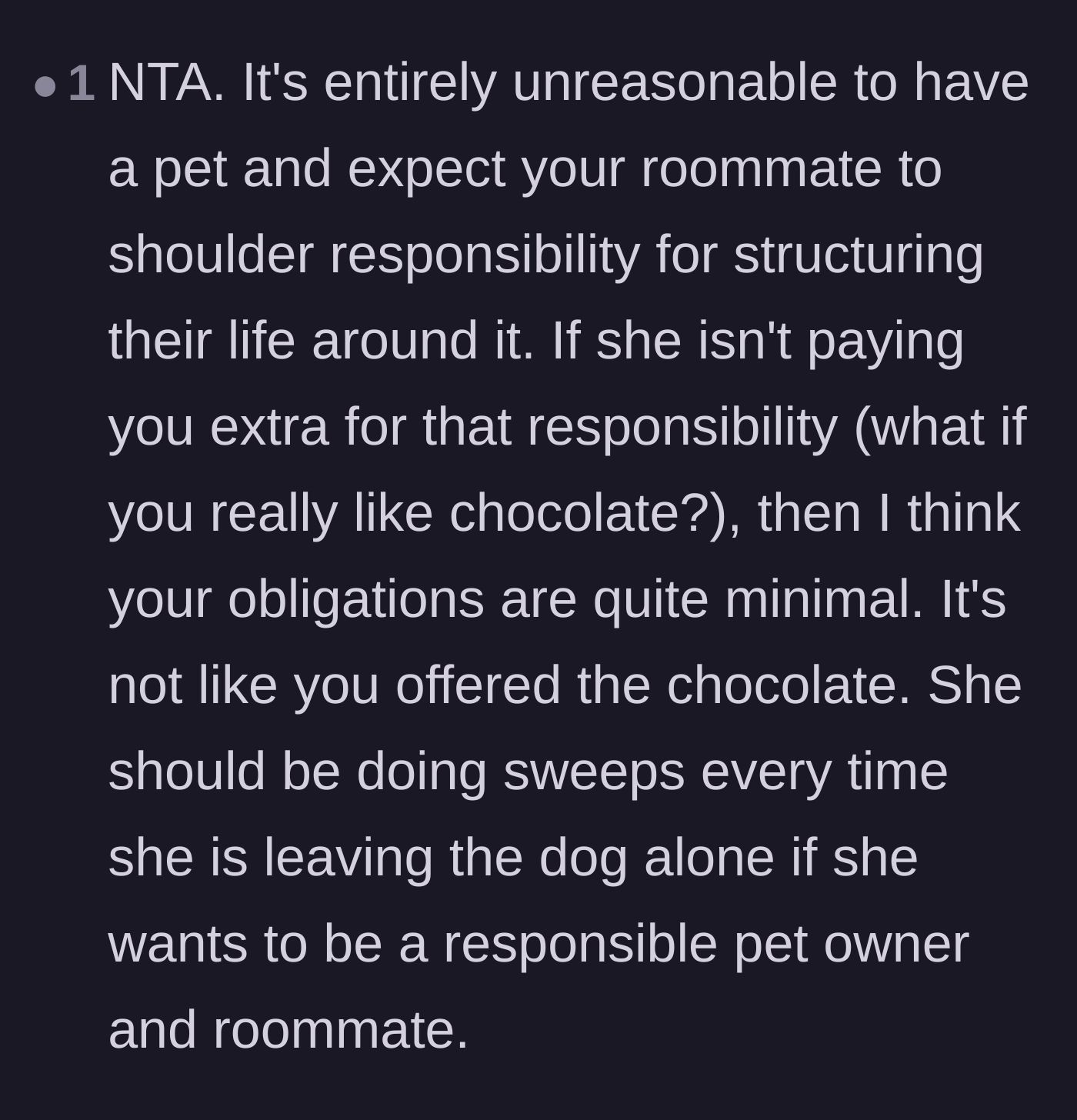 Comment thread 5 - Arguing that roommates shouldn't have to restructure their lives around someone else's pet