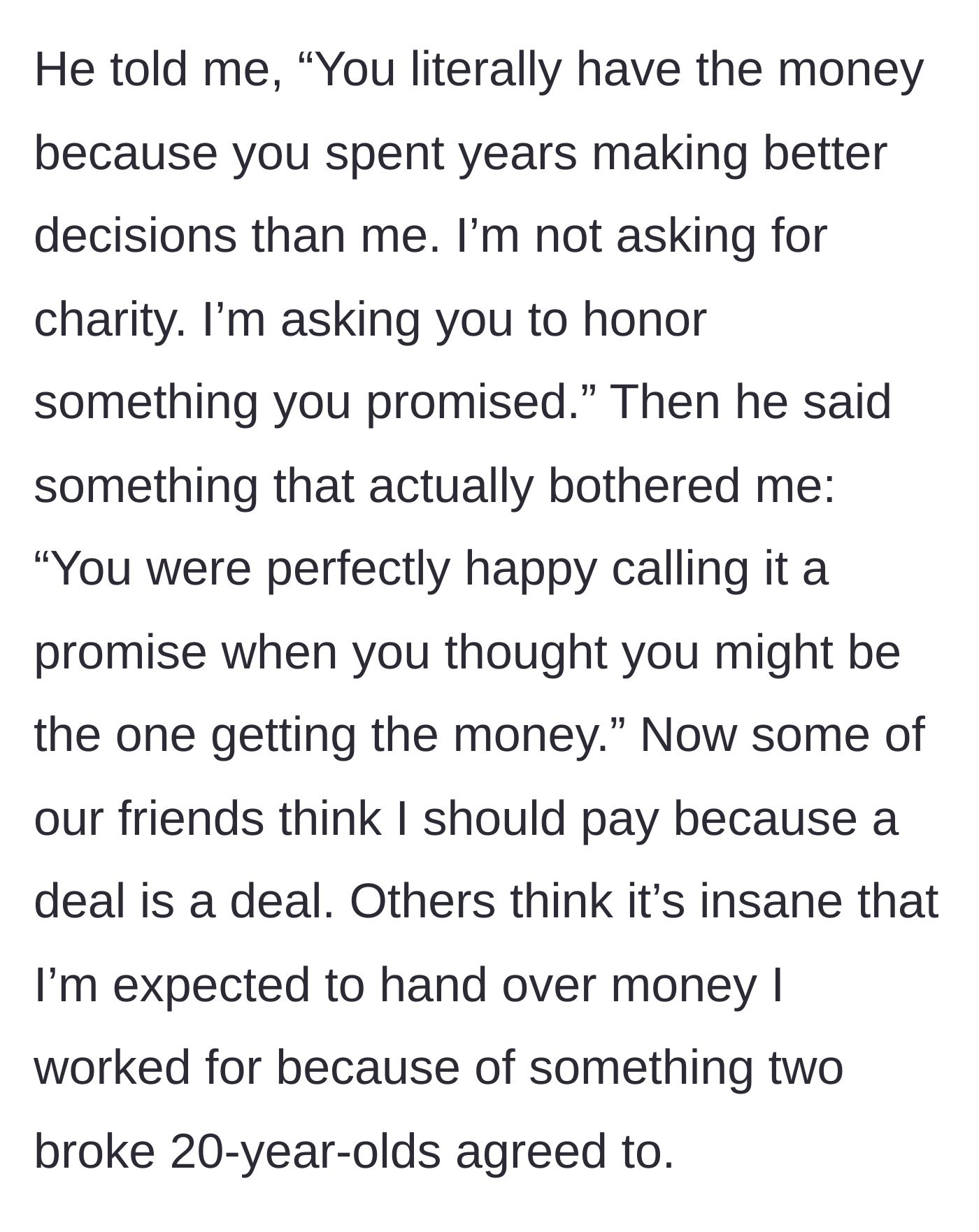 Story part 5 - The friend guilt-tripping the saver while mutual friends argue over who is right.