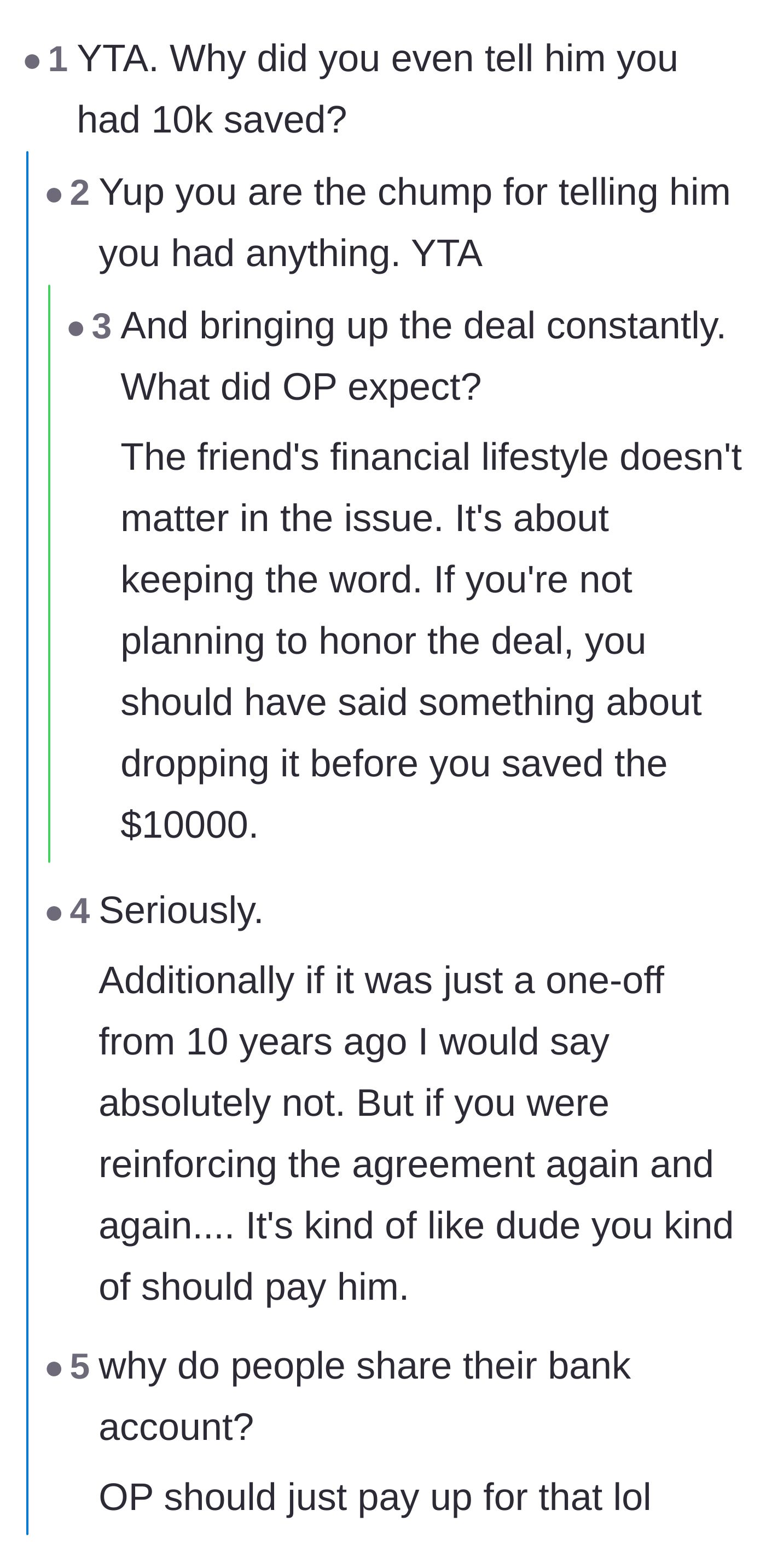 Comment thread 1 - Readers criticizing the saver for sharing her financial milestones and demanding she honor the handshake bet.