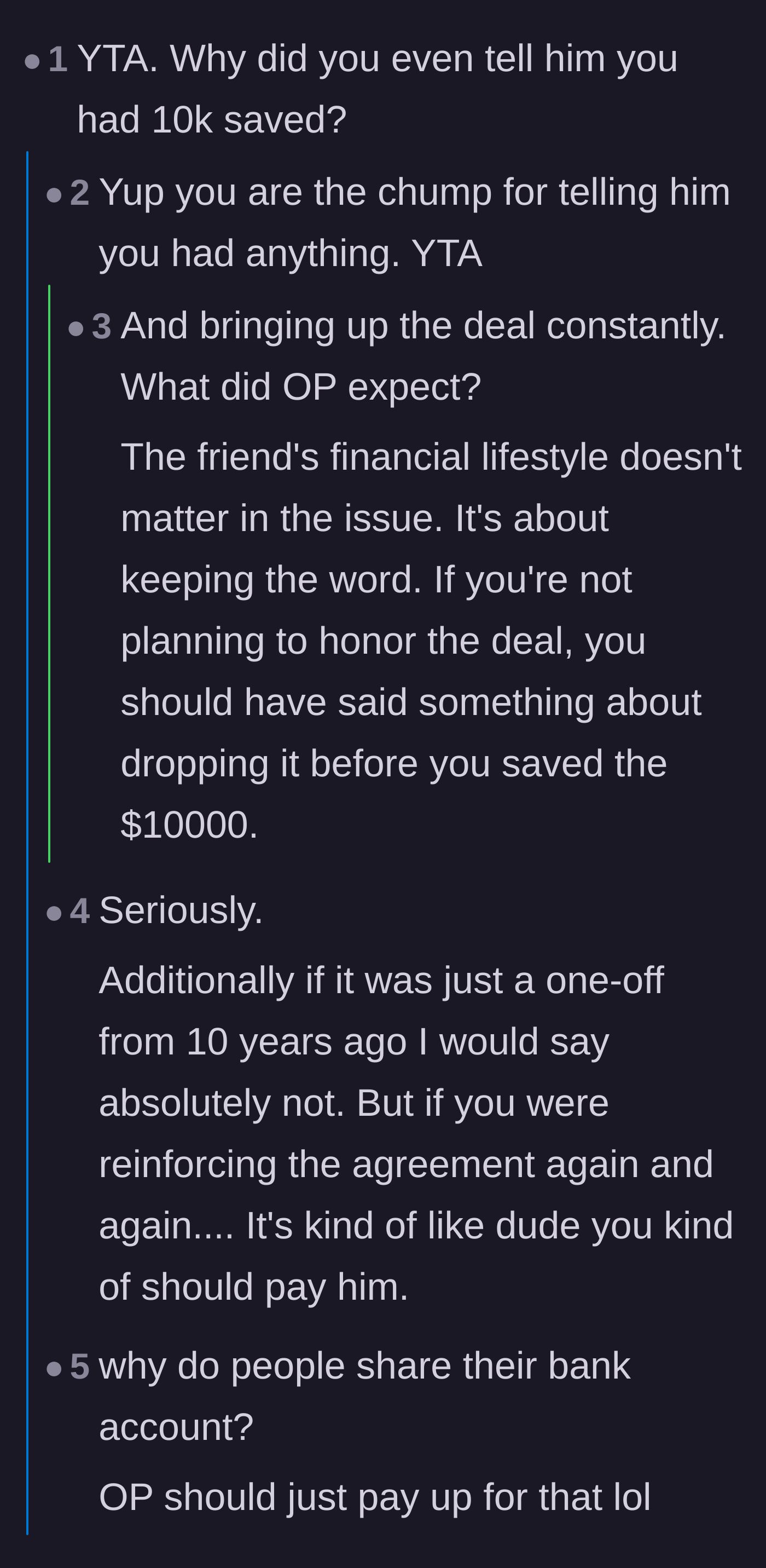 Comment thread 1 - Readers criticizing the saver for sharing her financial milestones and demanding she honor the handshake bet.