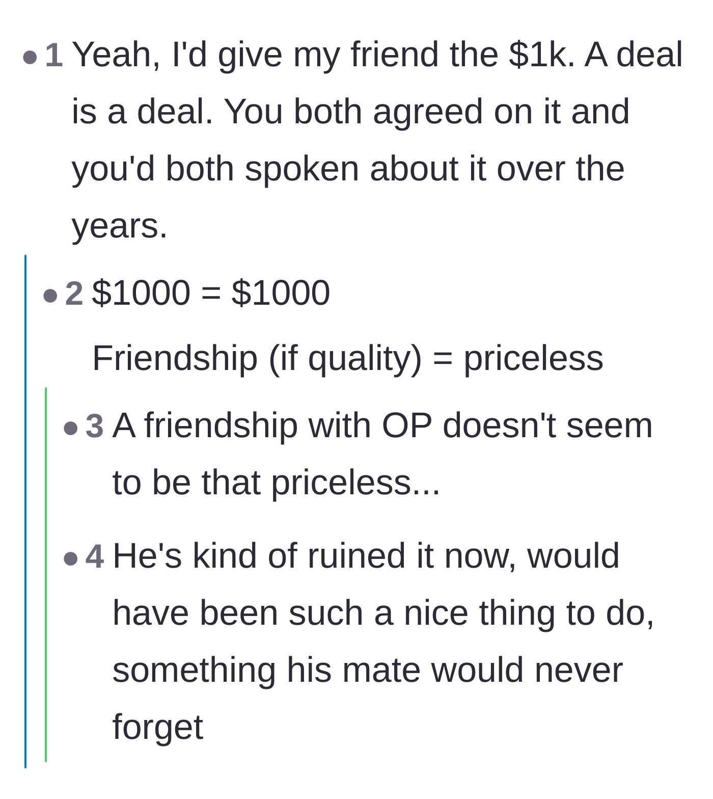 Comment thread 3 - Commenters arguing that friendship is priceless and the saver should pay up to save the relationship.