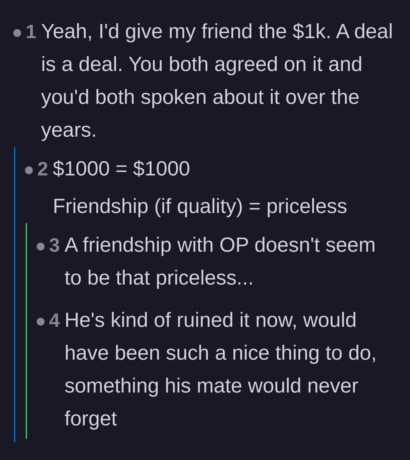 Comment thread 3 - Commenters arguing that friendship is priceless and the saver should pay up to save the relationship.