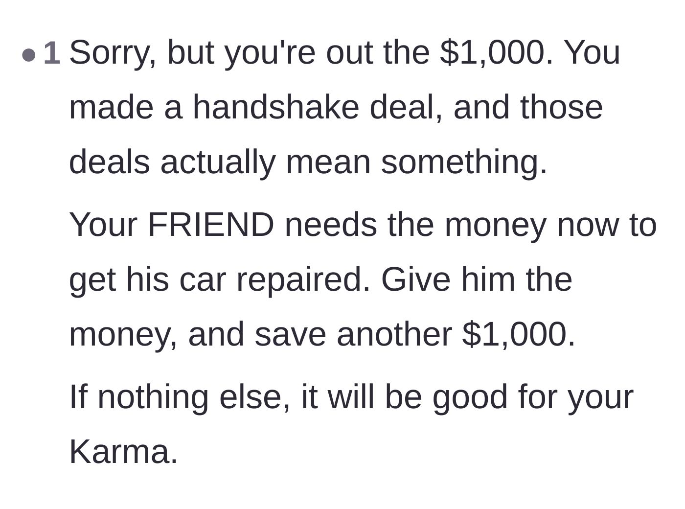 Comment thread 4 - Advice telling the saver to pay for the friend's car repairs for good karma.