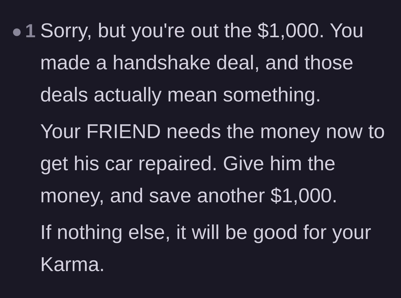 Comment thread 4 - Advice telling the saver to pay for the friend's car repairs for good karma.