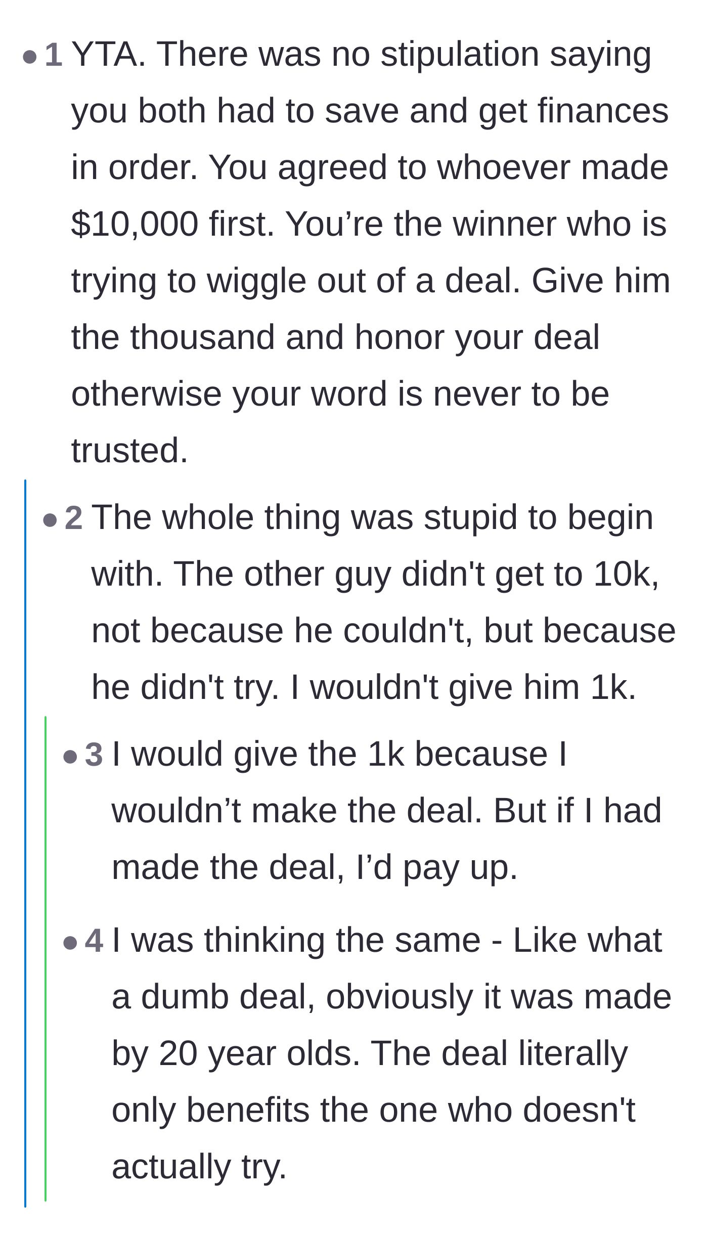 Comment thread 5 - A debate over whether the deal was a fair race or a one-sided setup that only benefited the lazy friend.
