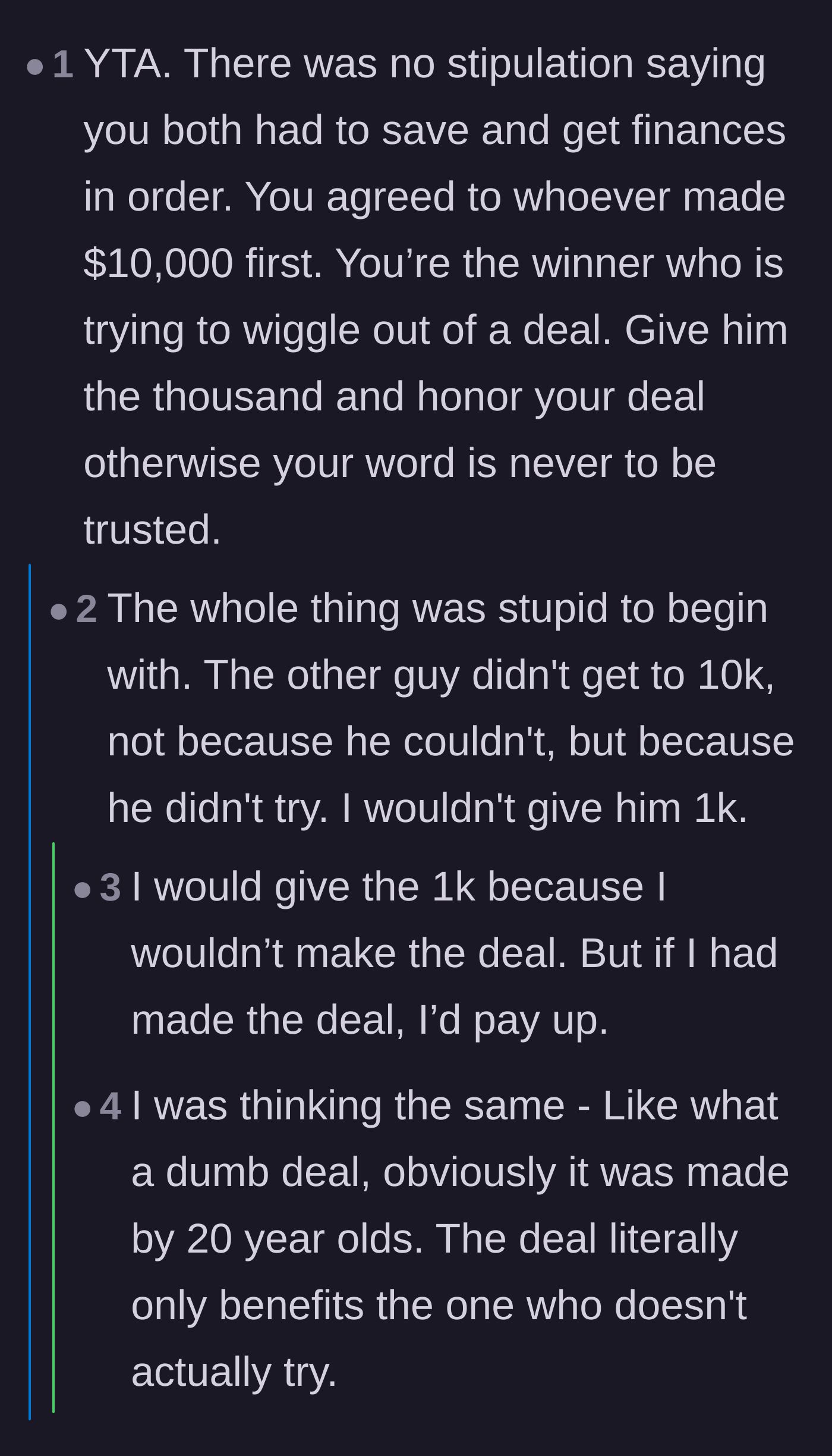 Comment thread 5 - A debate over whether the deal was a fair race or a one-sided setup that only benefited the lazy friend.
