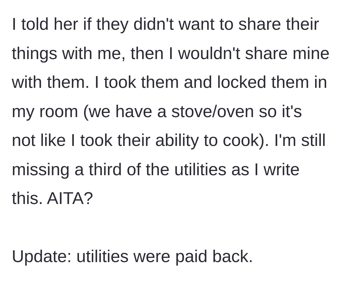 Story part 6 - The responsible roommate removes her microwave and air-fryer from the kitchen and locks them in her bedroom.