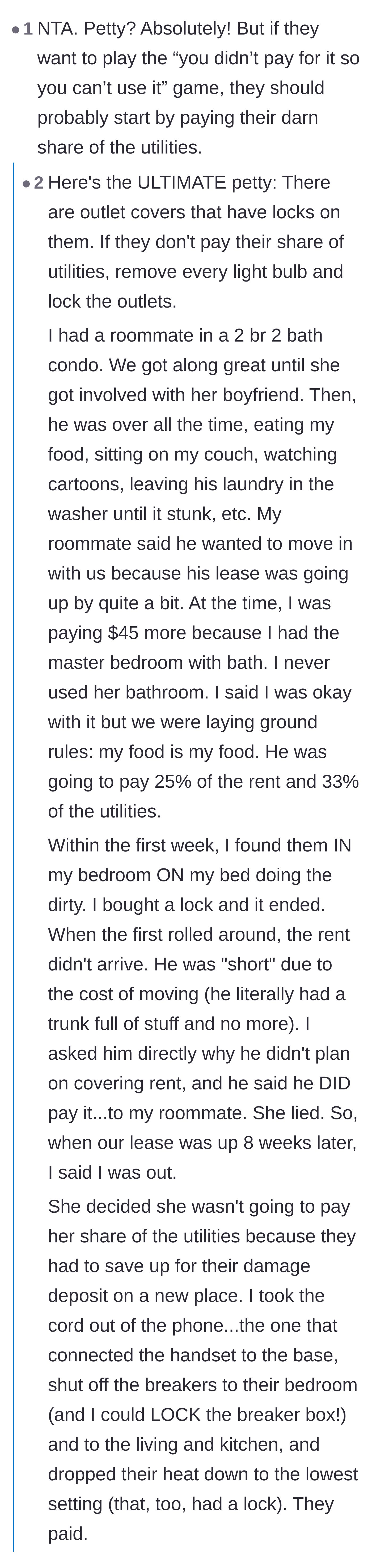 Comment thread 1 - A discussion about escalating the pettiness by locking the electrical outlets and breaker boxes.