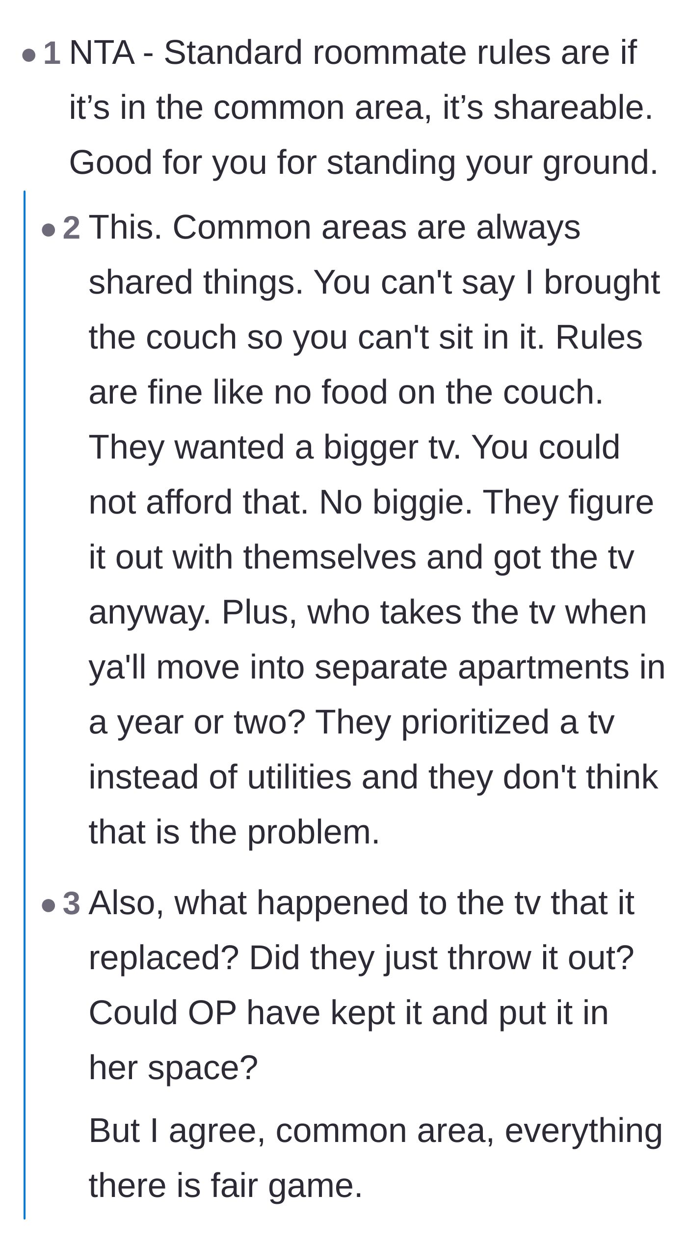 Comment thread 4 - A debate establishing the universal rule that anything placed in a shared living room must be communal.